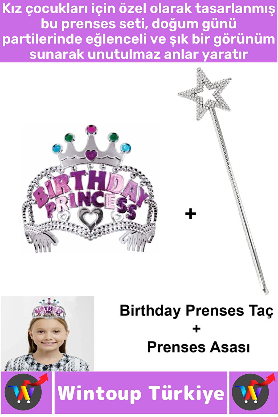Eğlenceli Kız Çocuk Doğum Günü Birthday Princess Taşlı Detaylı Prenses Taç Sihirli Asa 2li Özel SET