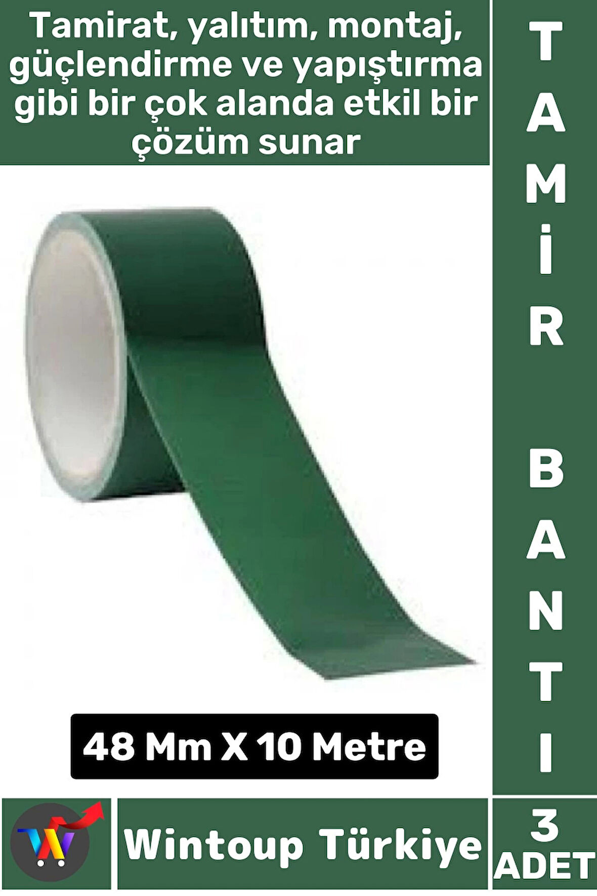 Uzun Ömürlü Su Nem Küfe Dayanıklı Çok Amaçlı YEŞİL Montaj Onarım Tamir Bantı 48 Mm X 10 Metre 3 Adet