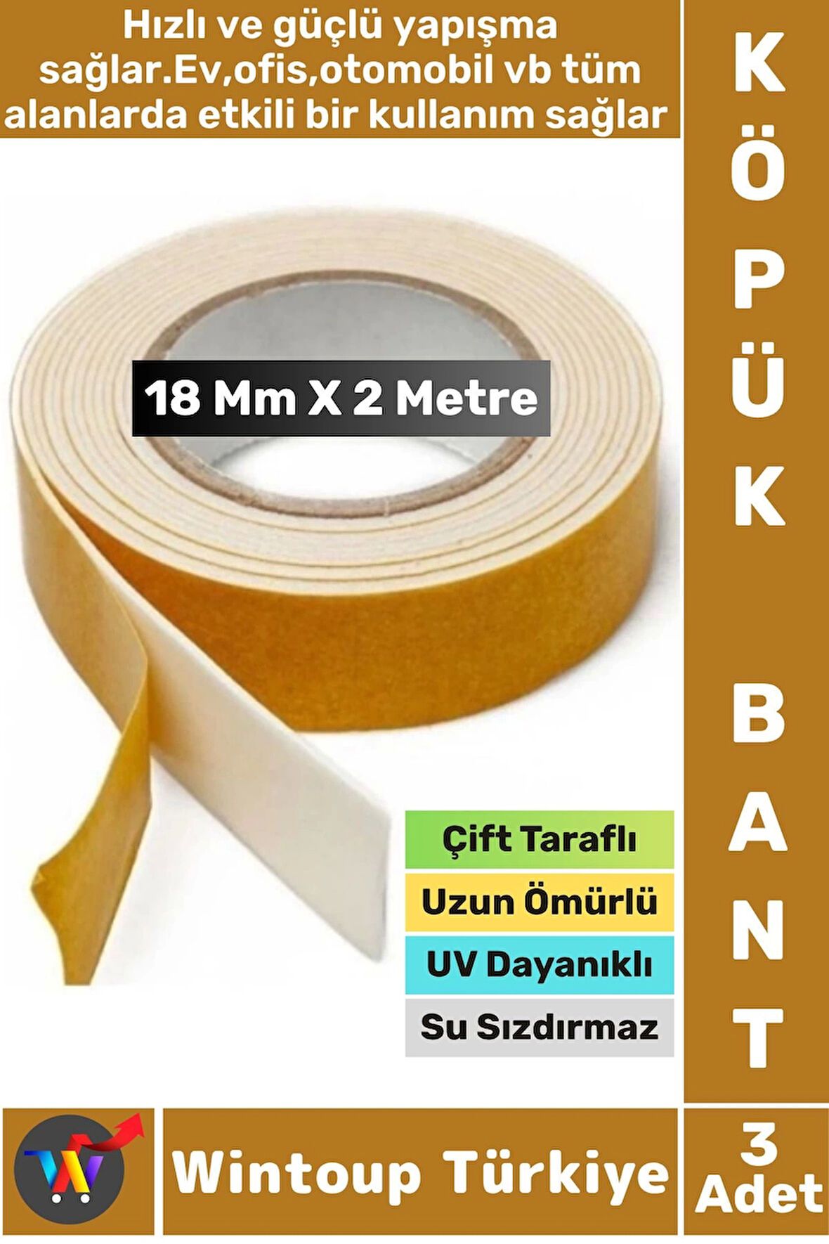 İç Mekan Süper Güçlü Yapışkan Duvar Ahşap Çok Yönlü Çift Taraflı Köpük Bant 18 Mm X 2 Metre 3 Adet