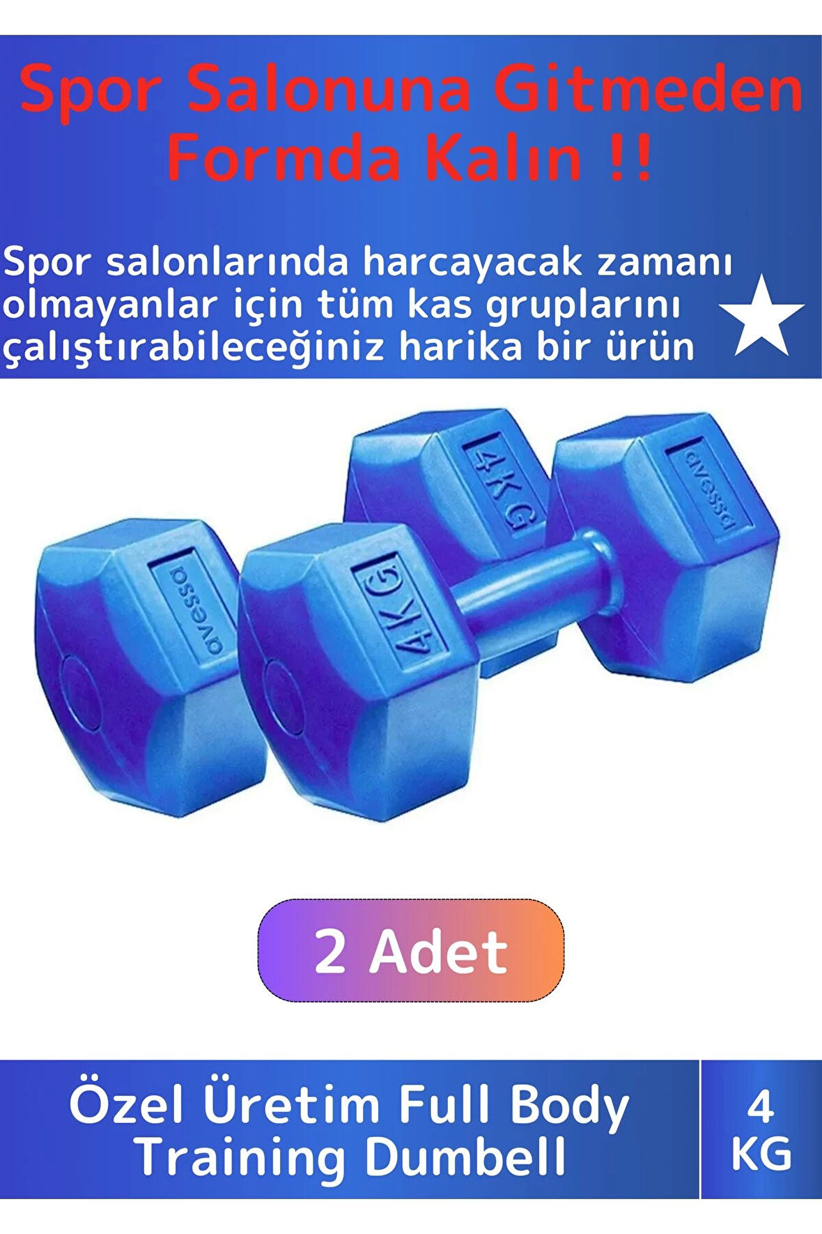 Premium Plastik Spor Egzersiz Fitness Vücut Geliştirme Pilates Ağırlık 4 Kg Dambıl Seti 2 Ad Dumbell