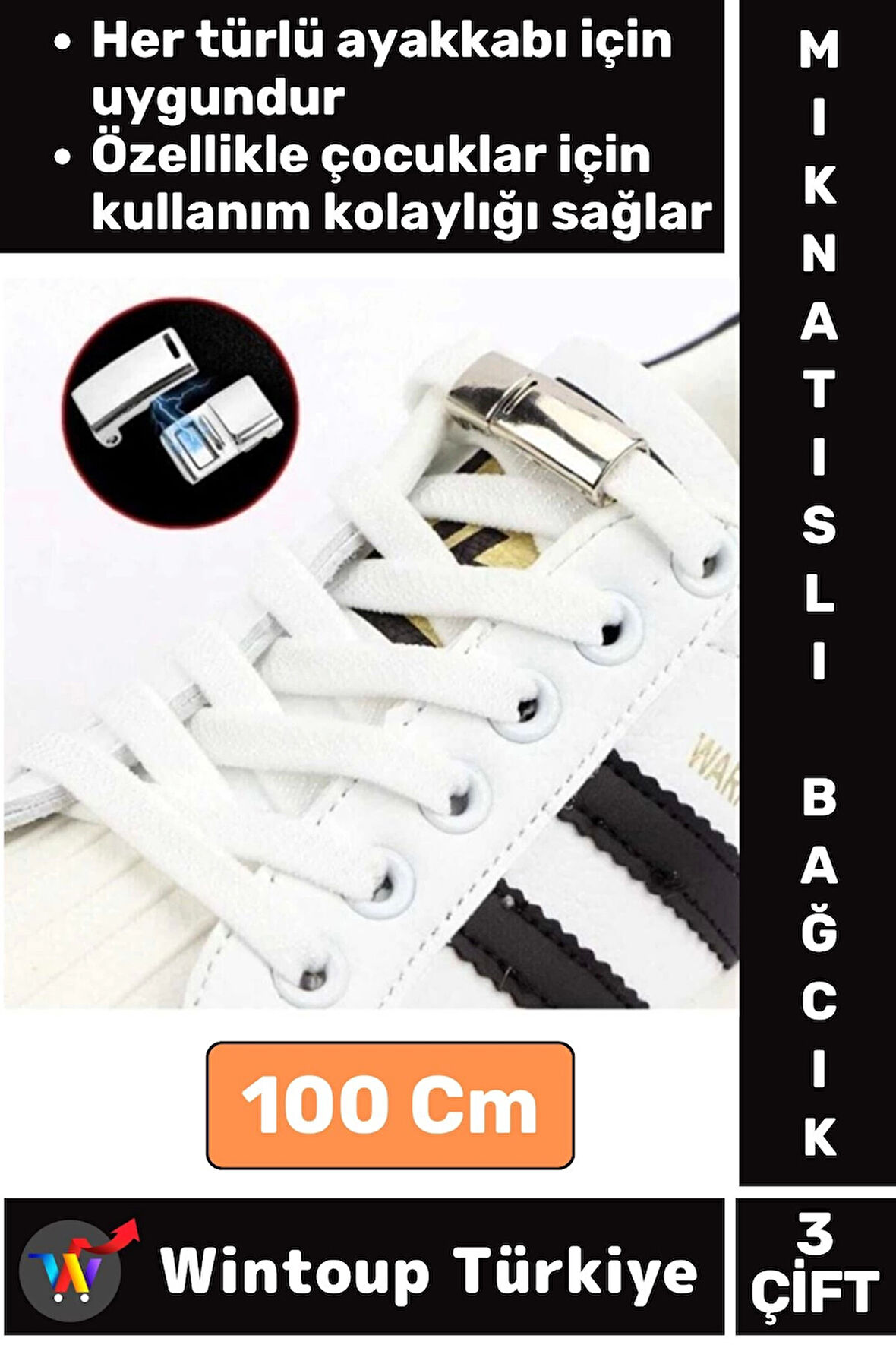 Çocuk Genç Yetişkin Şık Klipsli Manyetik Lastikli Pratik Mıknatıslı Ayakkabı Bağcığı 100 Cm 3 Çift