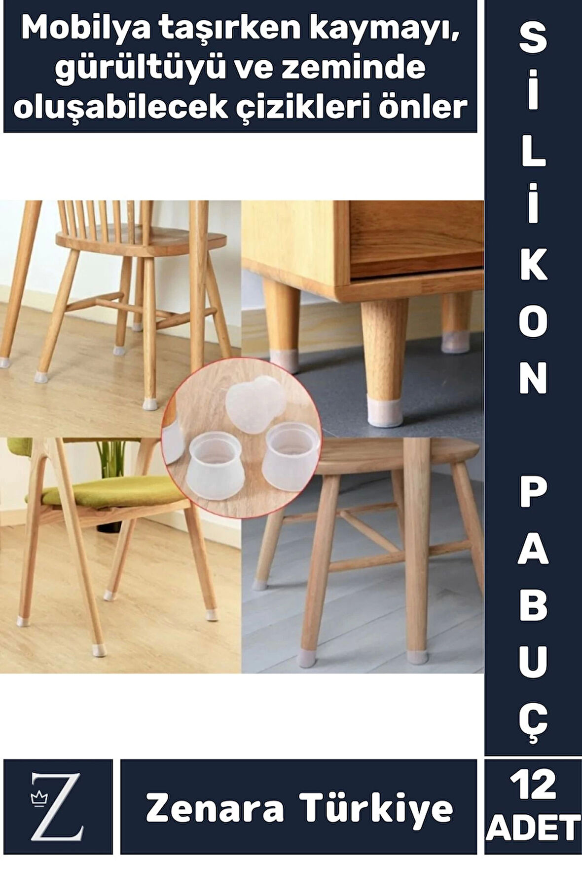 Mobilya Masa Sandalye Kayma Gürültü Zemin Çizilme Önleyen Koruyucu Silikon Pabuç Ayak Kılıfı 12 Adet