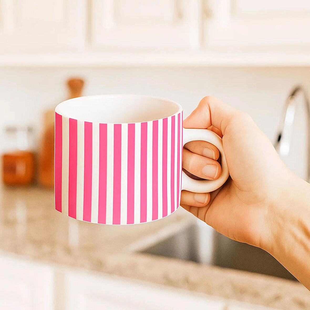 Pembe Şerit Desenli Motto Fincan Kupa Bardak