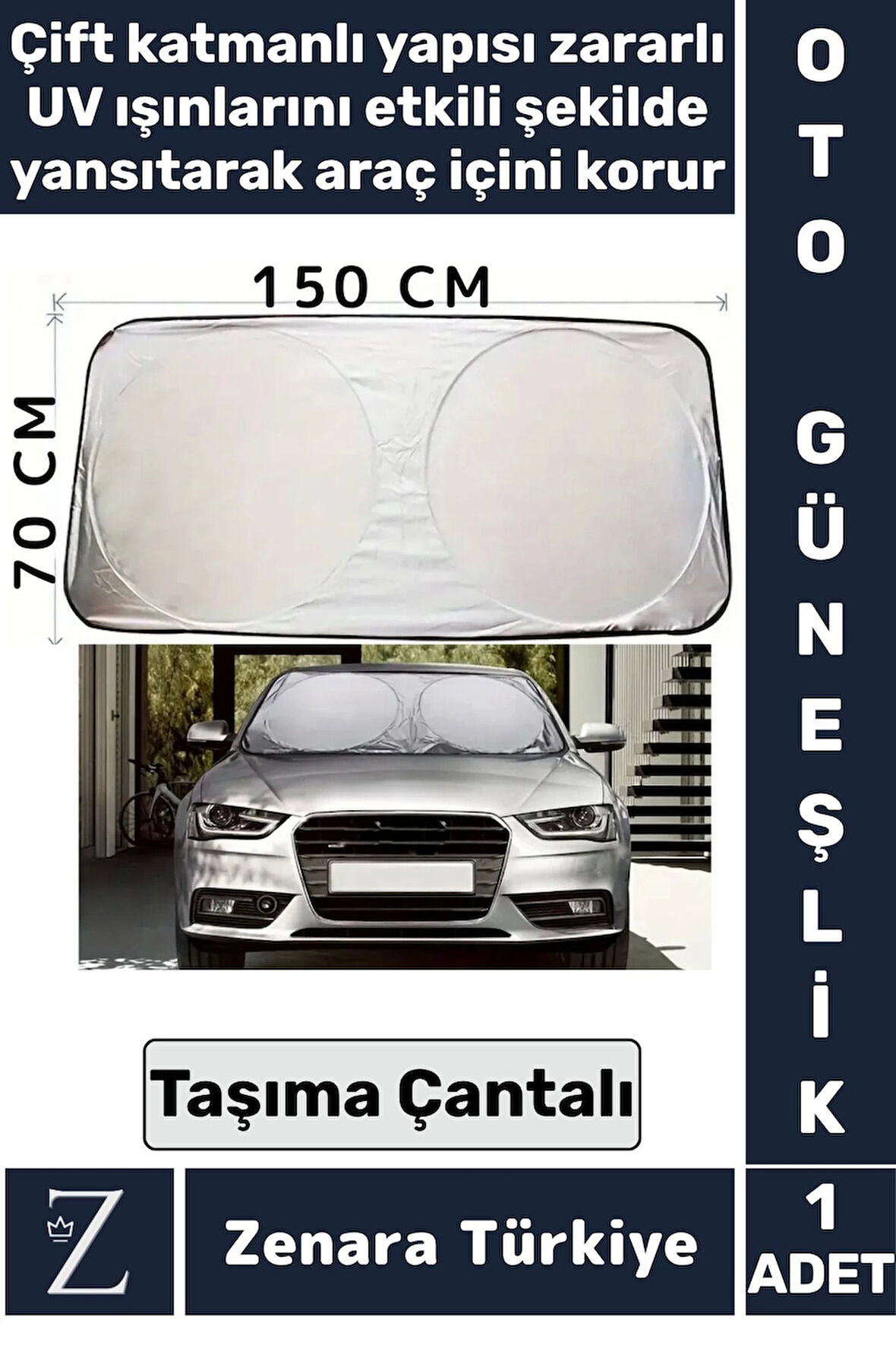 Dayanıklı UV Engelleyici Çift Katman Çantalı Katlanabilir 150X70 Cm Araba Ön Cam Güneşliği Uyumlu