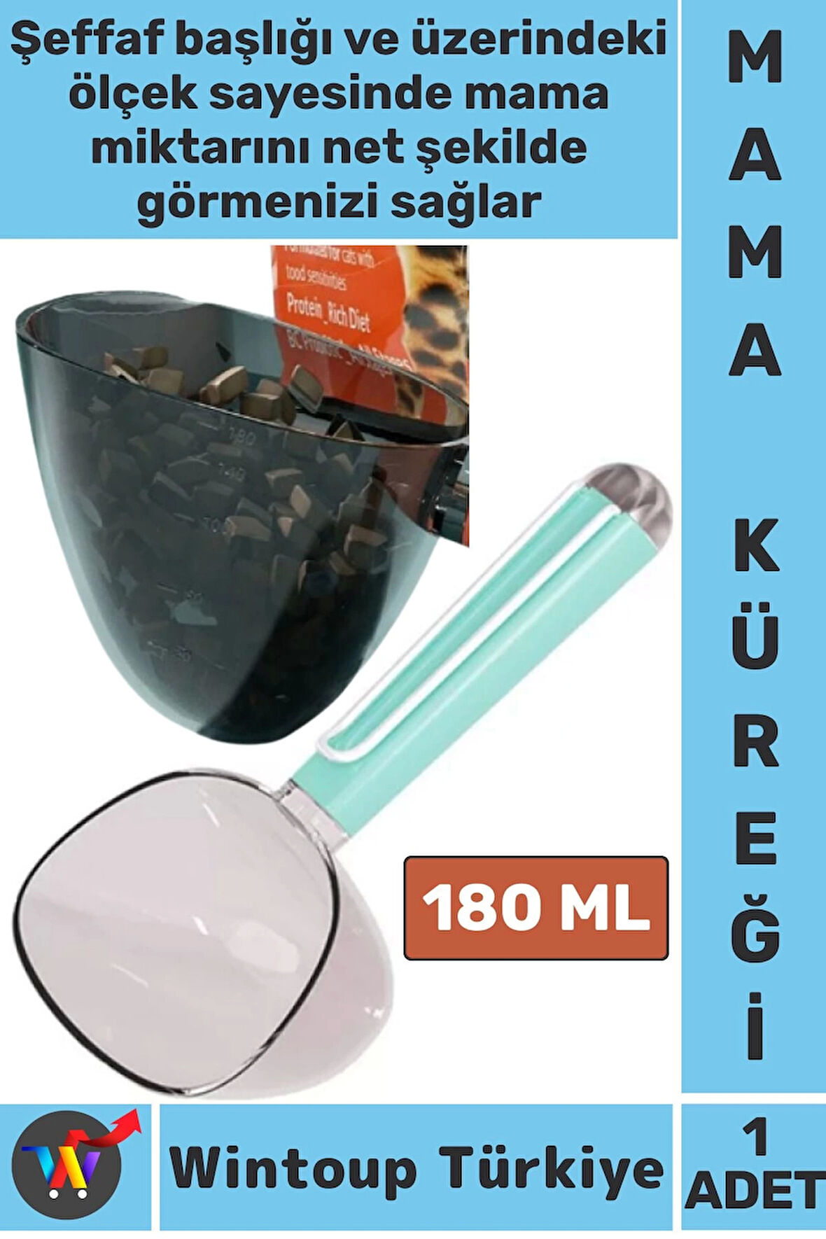 Ergonomik Tutuş Dayanıklı Plastik Hijyenik Klipsli Ölçekli Şeffaf Kedi Köpek Mama Küreği 180 ML