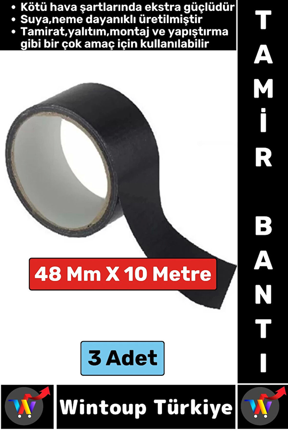 Ultra Güçlü Su Neme Dayanıklı Çok Amaçlı Montaj Onarım İzolasyon Tamir Bantı Siyah 48 Mmx10 Mt 3 Adt