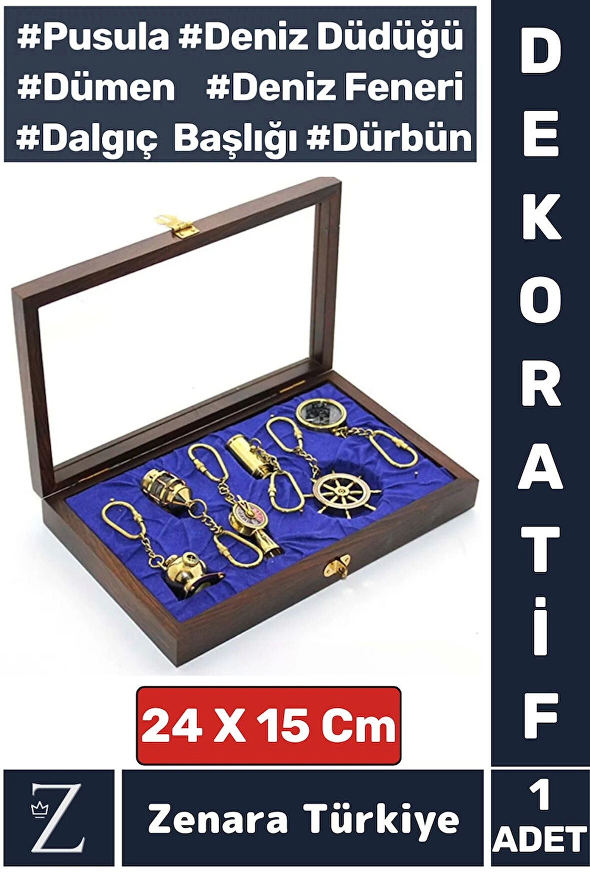 Dekoratif Şık Hediyelik Denizci Temalı Yüksek Kaliteli Ahşap Kutulu PİRİNÇ Anahtarlık Seti 6 Parça