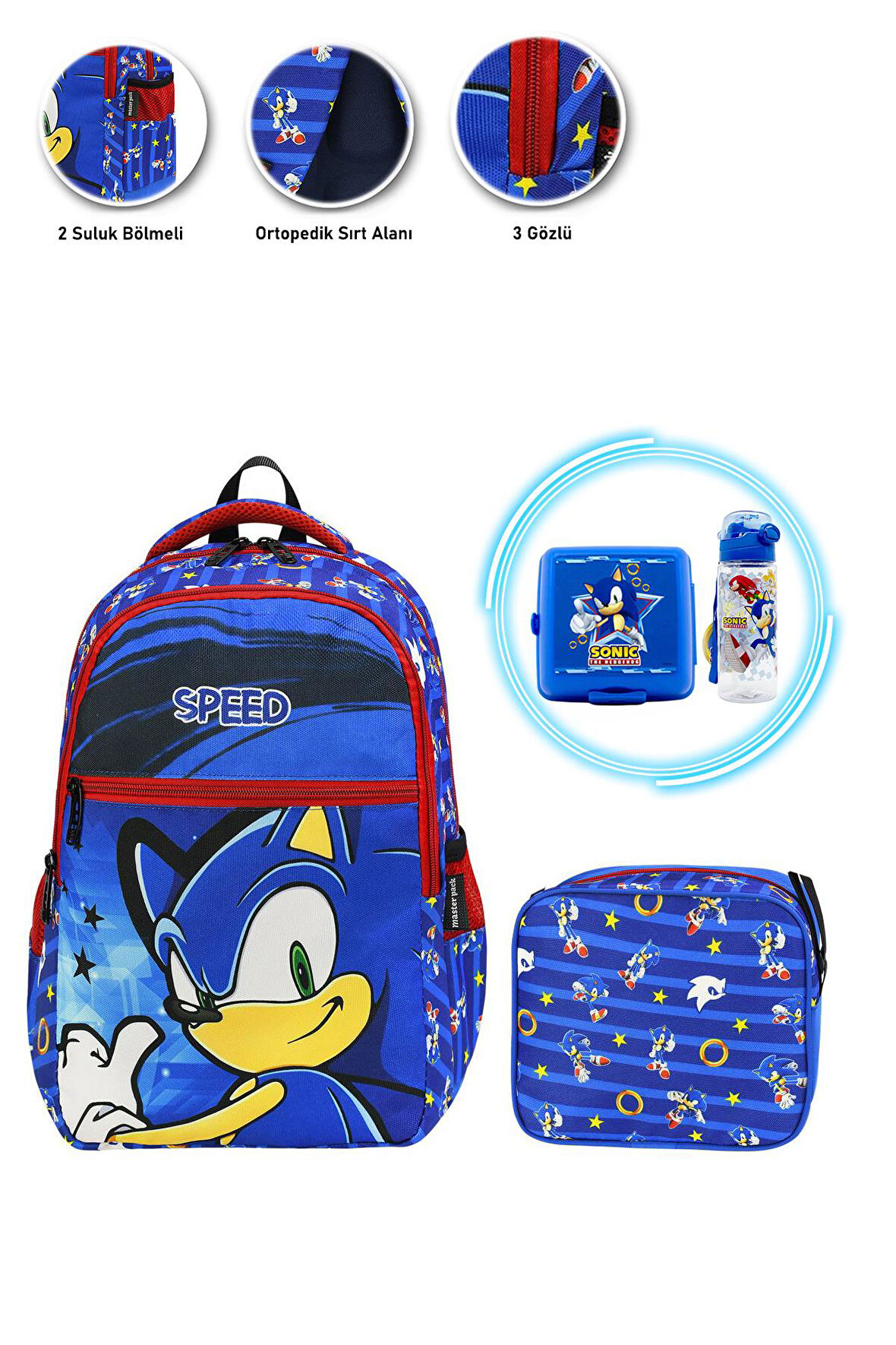 3 Gözlü Speed Sonic Okul Çantası + Beslenme + Beslenme Kutusu + Suluk - Sonic Çanta İlkokul Çantası