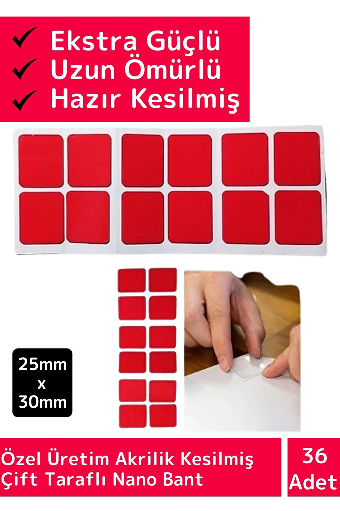 Premium Seri Ekstra Güçlü Akrilik Çift Taraflı Hazır Kesilmiş 25x30 Mm Montaj Bandı 36'lı