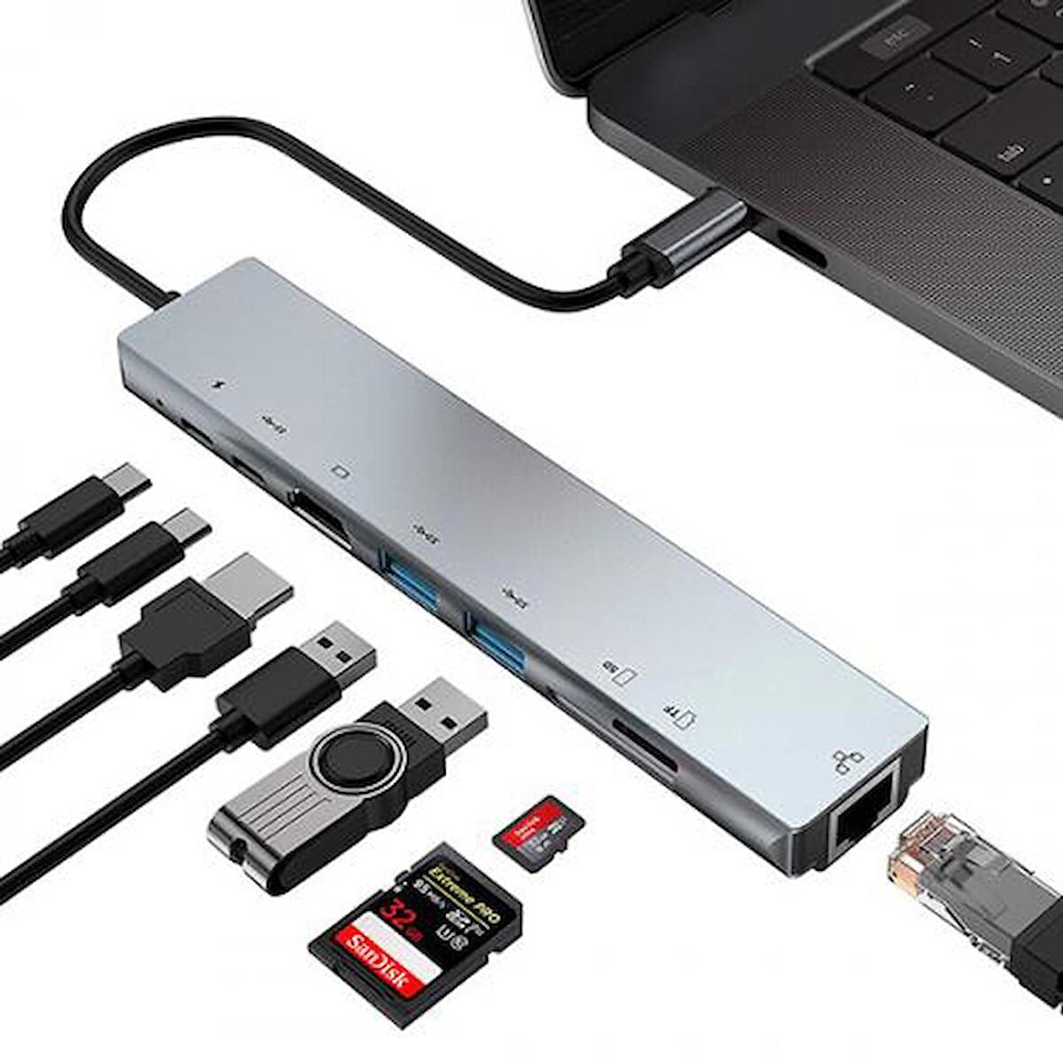 Coofbe 8in1 Multifoksiyonel Type-C Hub Type-C to RJ45 4K HDMI SD Kart USB Dönüştürücü 3XUSB+2 PD