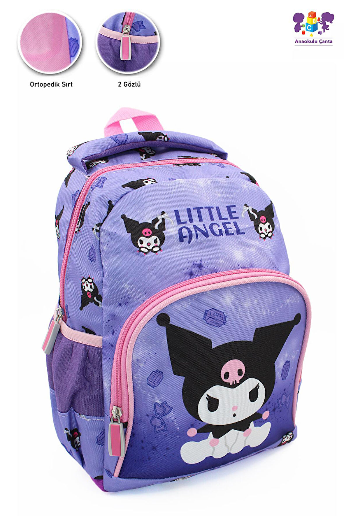 2 Gözlü Little Angle Kuromi Anaokulu Çantası - Çocuk Çanta - Kreş Çantası - Kuromi Çanta