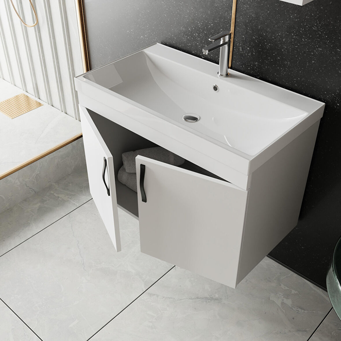 Karen Banyo Ege 80 Cm Lavabolu Alt Banyo Dolabı, Kapaklı Banyo Alt Dolabı,Seramik Lavabo Dahil