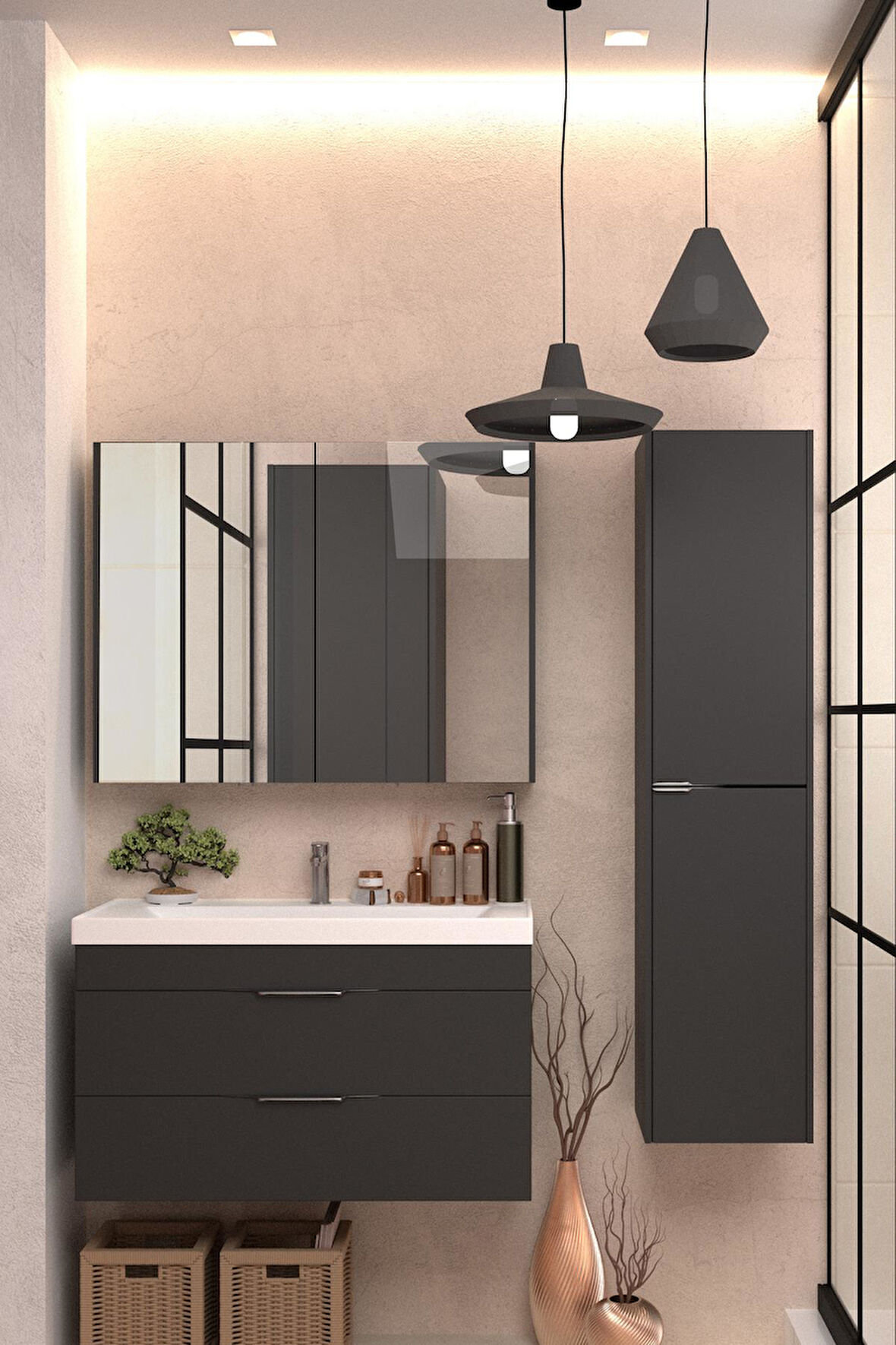 Karen Banyo Lotus 80 Cm Banyo Dolabı Seti Boy Dolaplı Lavabo Dahil Antrasit Çekmeceli Komple Mdf