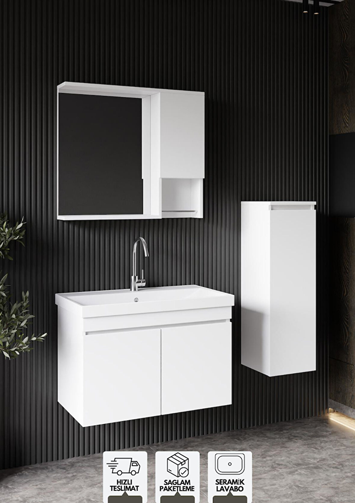 Karen Banyo Deniz 80 Cm Lavabolu, Aynalı Banyo Dolabı, Lavabo Dahil, Boy Dolabı Dahil, Beyaz 
