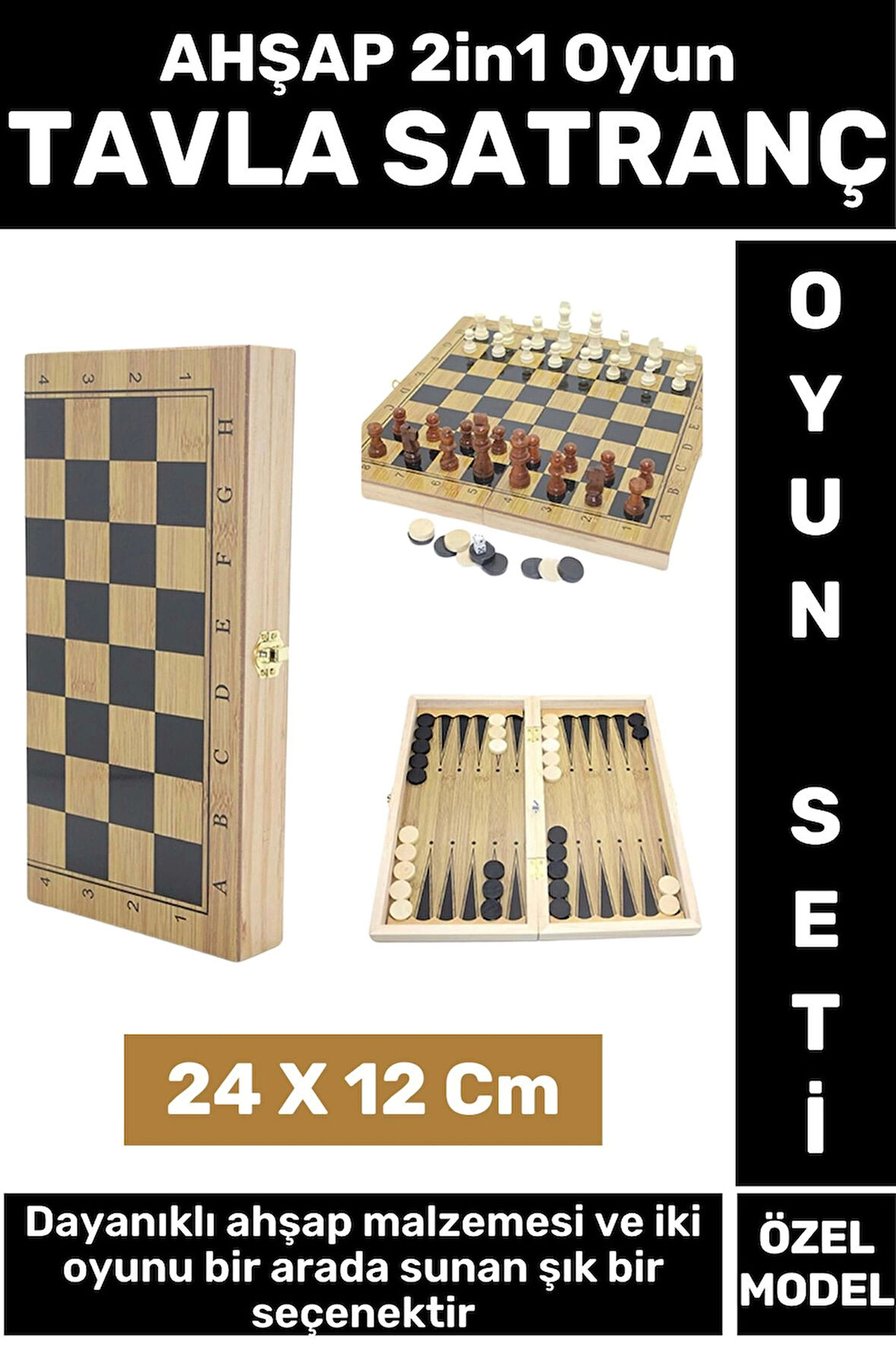 Premium Yüksek Kaliteli Arkadaş Oyun Hediyelik Çok Şık Ahşap Tavla Satranç 2in1 Oyun Seti 24 X 12 Cm