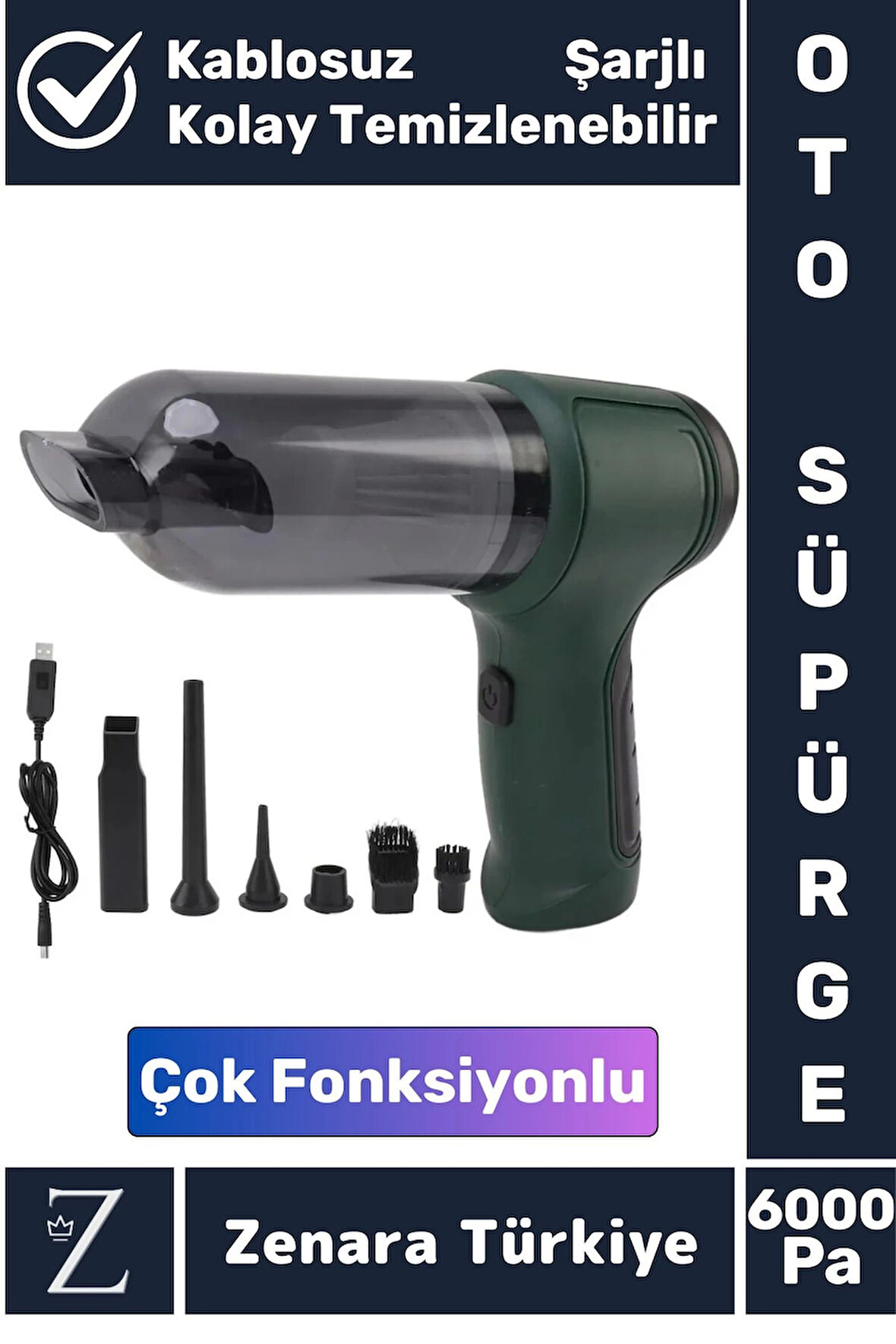 Premium 6000Pa Güçlü Çekiş USB Hızlı Şarj Çok Yönlü Kolay Temizlenir Kablosuz Araç İçi OTO SÜPÜRGE