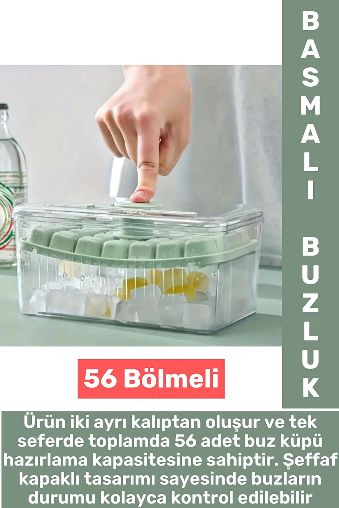 Dayanıklı Sert Plastik Zahmetsiz BPA İçermez Şeffaf Kapaklı Hazneli 56 Bölmeli Basmalı Pratik Buzluk