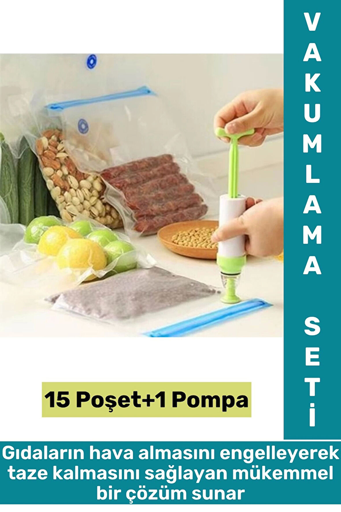 Kolay Kullanım Et Sebze Balık Gıda Manuel Pompalı Vakumlama Saklama Poşeti Özel Set 15 Poşet+1 Pompa