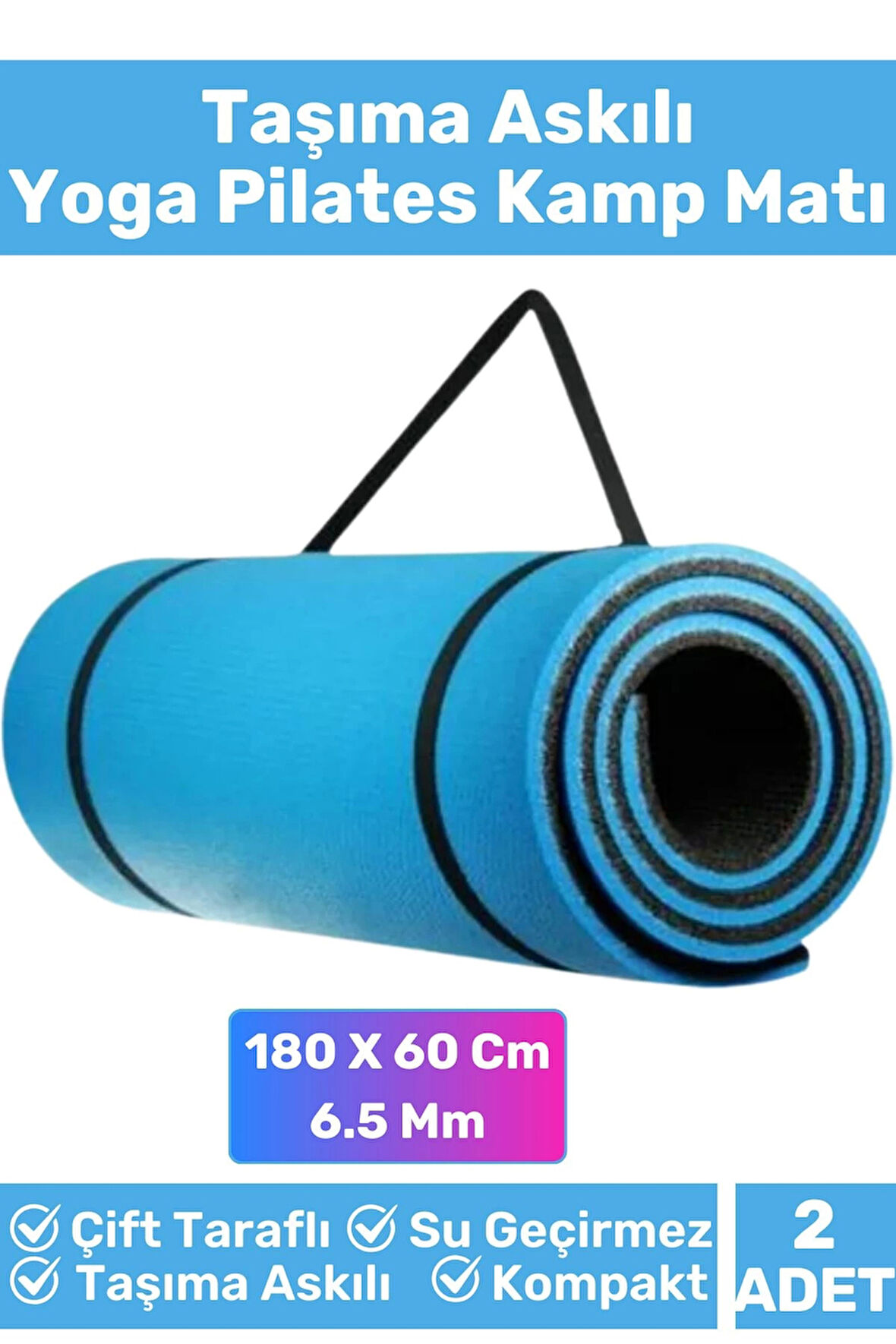 Özel Çift Taraflı Kaymaz Silinebilir Yoga Meditasyon Fitness Kamp Minderi 6,5Mm Askılı Mat 2'li Set