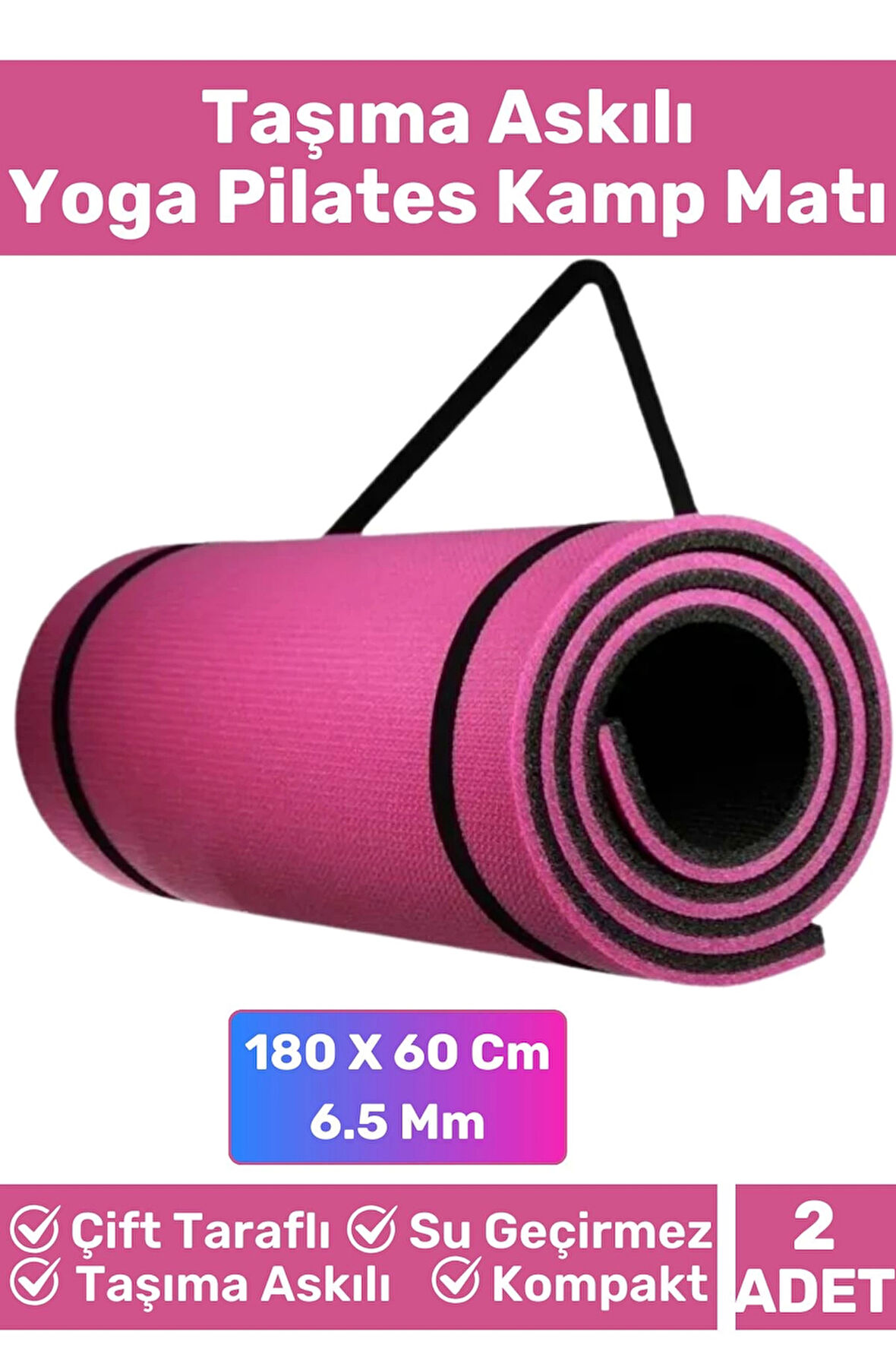 Özel Çift Taraflı Kaymaz Silinebilir Yoga Meditasyon Fitness Kamp Minderi 6,5Mm Askılı Mat 2'li Set