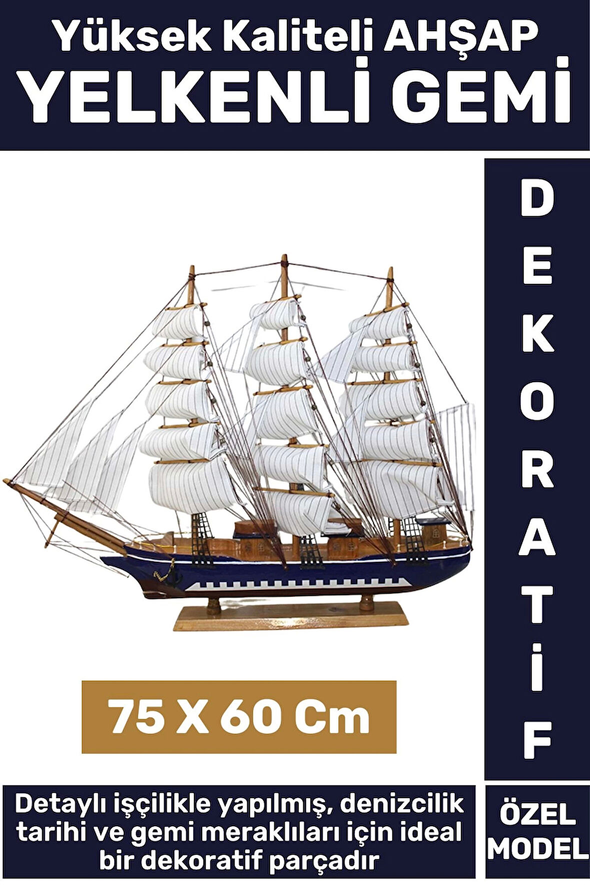 Premium Yüksek Kaliteli Dekoratif Ev Ofis Hediyelik Denizci Koleksiyon Ahşap YELKENLİ GEMİ 75X60 Cm