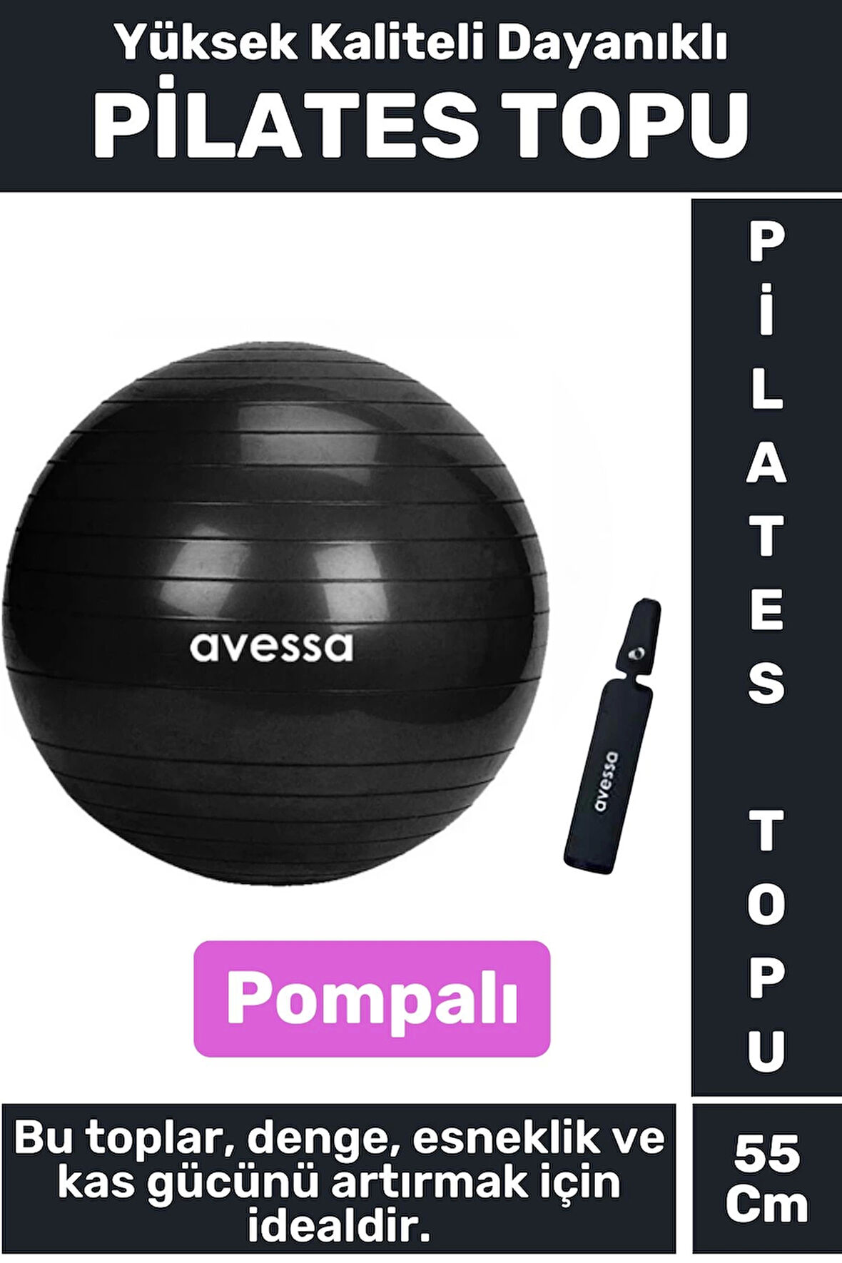 Premium Dayanıklı Fitness Egzersiz Aerobik Pilates Şişirme Pompası  55 Cm Pi̇lates Topu