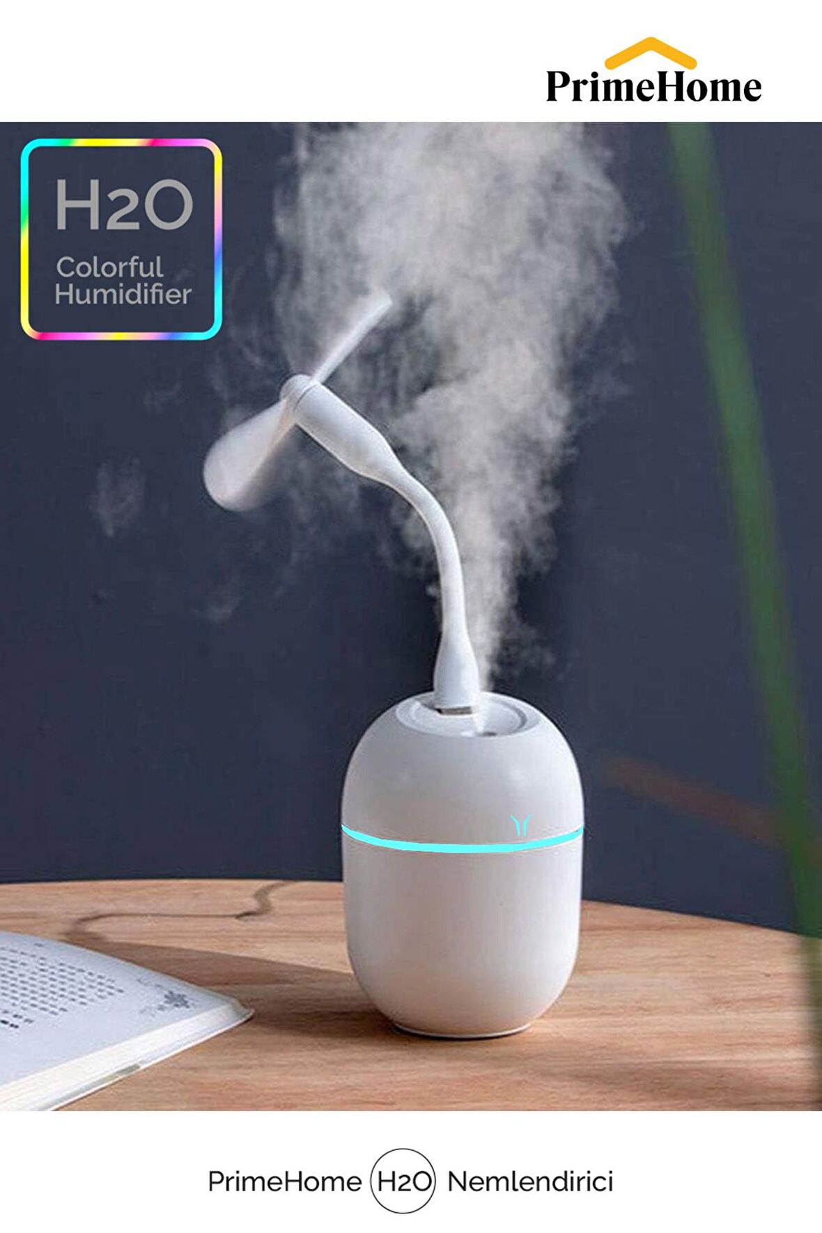 Primehome H2o Humidifier Hava Ultrasonik Ortam Oda Nemlendirici Buhar Makinası 250ML+ Usb Mini Fan