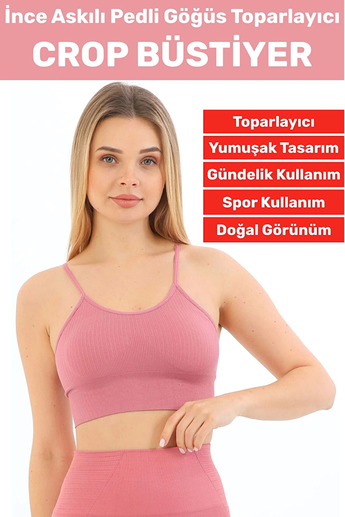 Göğüs Toparlayıcı Sarkma Önleyen Gündelik Spor Kullanım Şık İnce Askılı Pedli Çizgili Crop Büstiyer