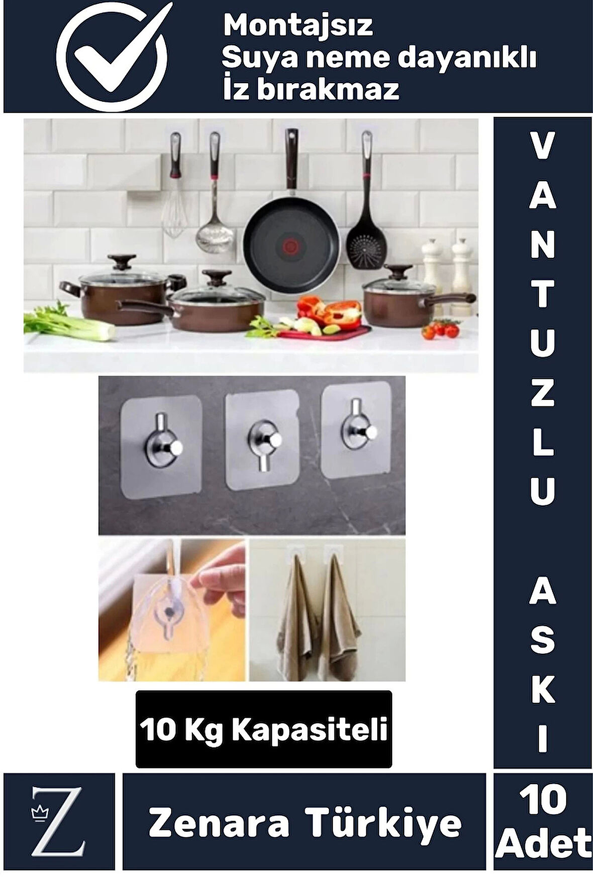 Premium Suya Neme Ekstra Dayanıklı Montajsız Banyo Mutfak Ultra Güçlü Vantuzlu Askı 10 Adet