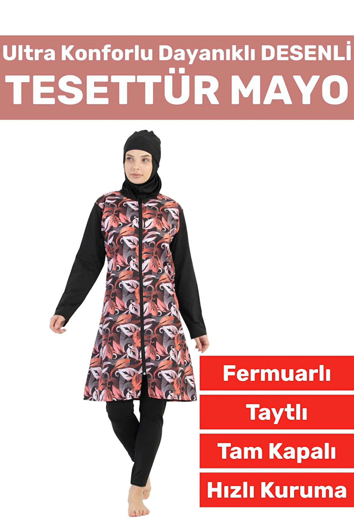 Premium Yüksek Kalite Konforlu Fermuarlı Tam Kapalı Yüzücü Deniz Havuz Desenli Taytlı TESETTÜR MAYO