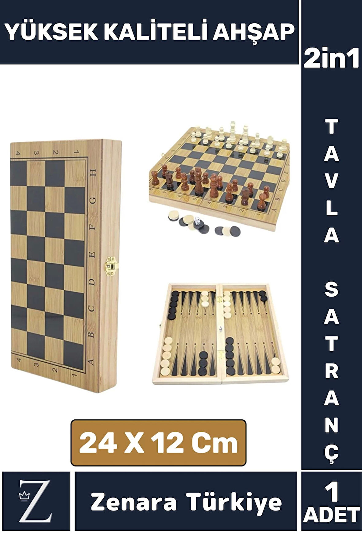 Premium Dayanıklı Ahşap Arkadaş Oyun Hediyelik Ahşap Tavla Satranç 2 in 1 Oyun Seti 24 X 12 Cm