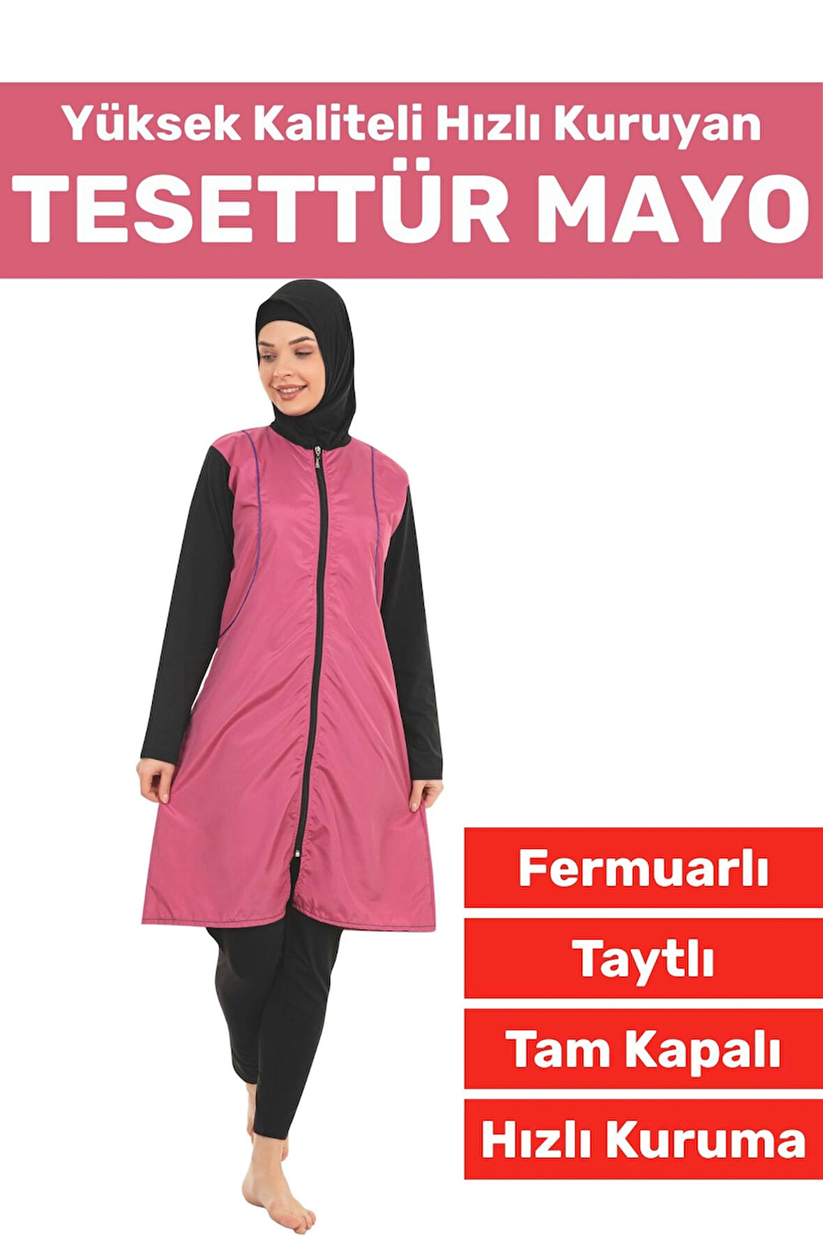 Özel Üretim Yüksek Kaliteli Konforlu Fermuarlı Taytlı Tam Kapalı Deniz Havuz Yüzücü TESETTÜR MAYO