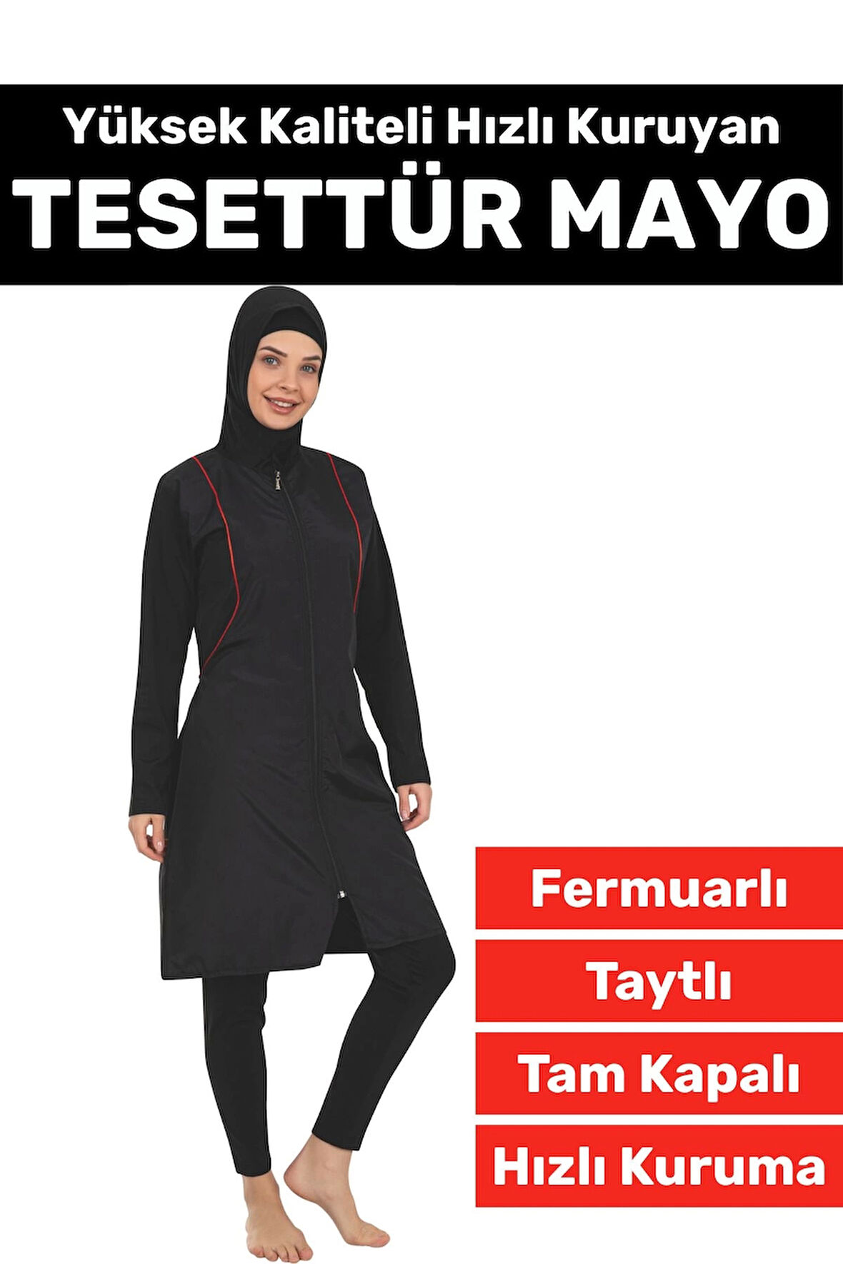 Özel Üretim Yüksek Kaliteli Konforlu Fermuarlı Taytlı Tam Kapalı Deniz Havuz Yüzücü TESETTÜR MAYO