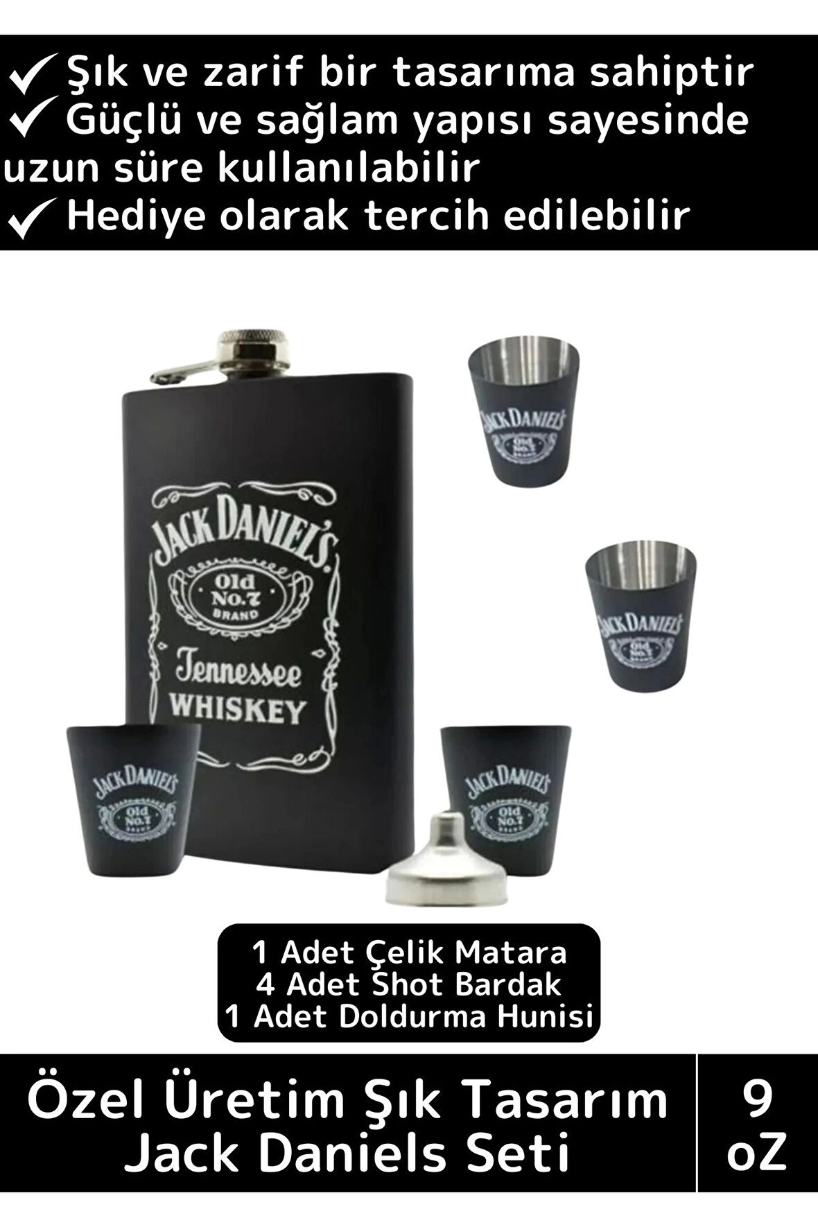 Premium Dekoratif Çelik Kutulu 1 Matara 4 Shot Bardak 1 Huni Siyah Jack Daniels Hediye Seti