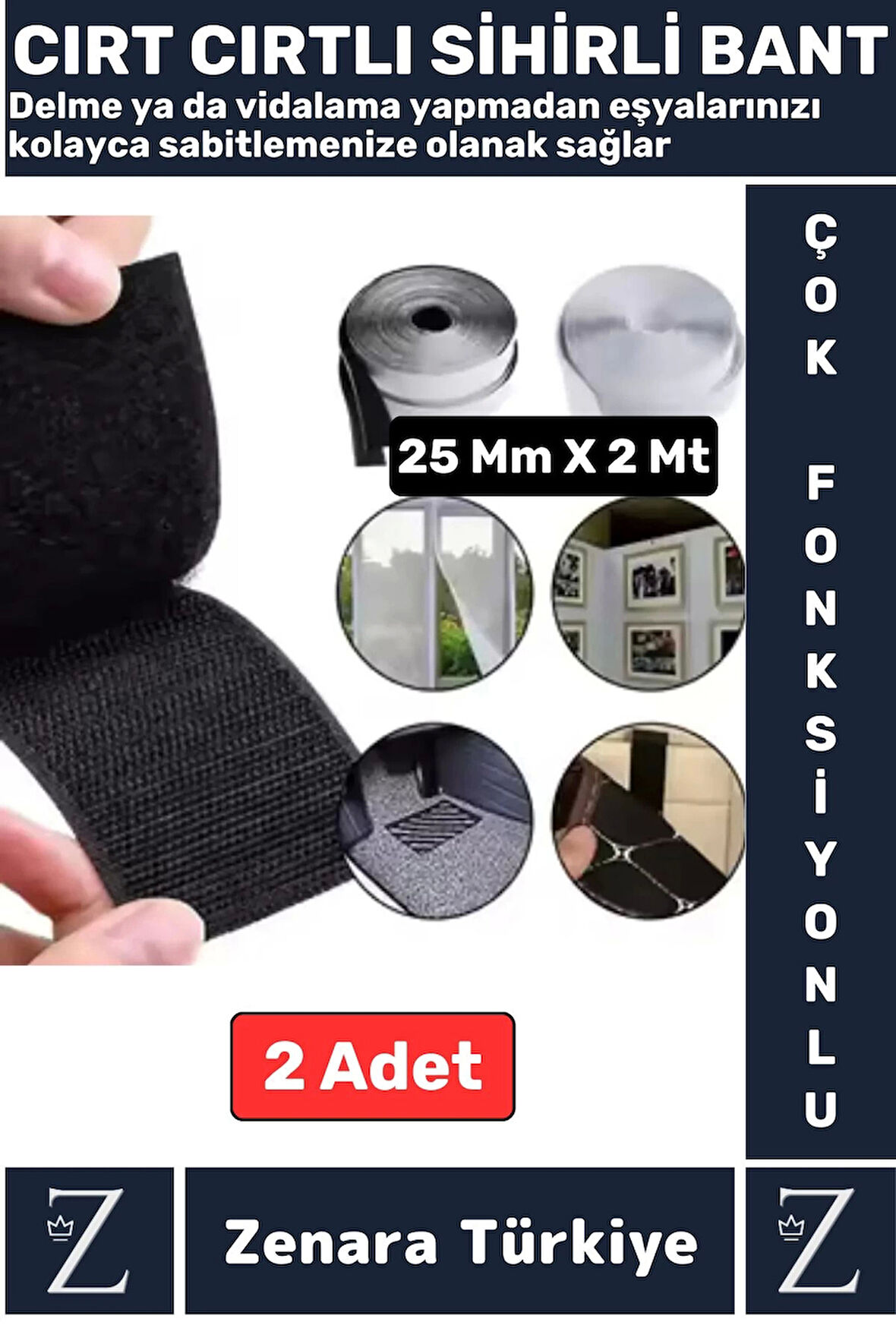 Montaj Gerektirmeyen İz Bırakmaz Süper Güçlü Çok Amaçlı Cırt Cırtlı Sihirli Bant 25Mm X 2Metre 2Adet