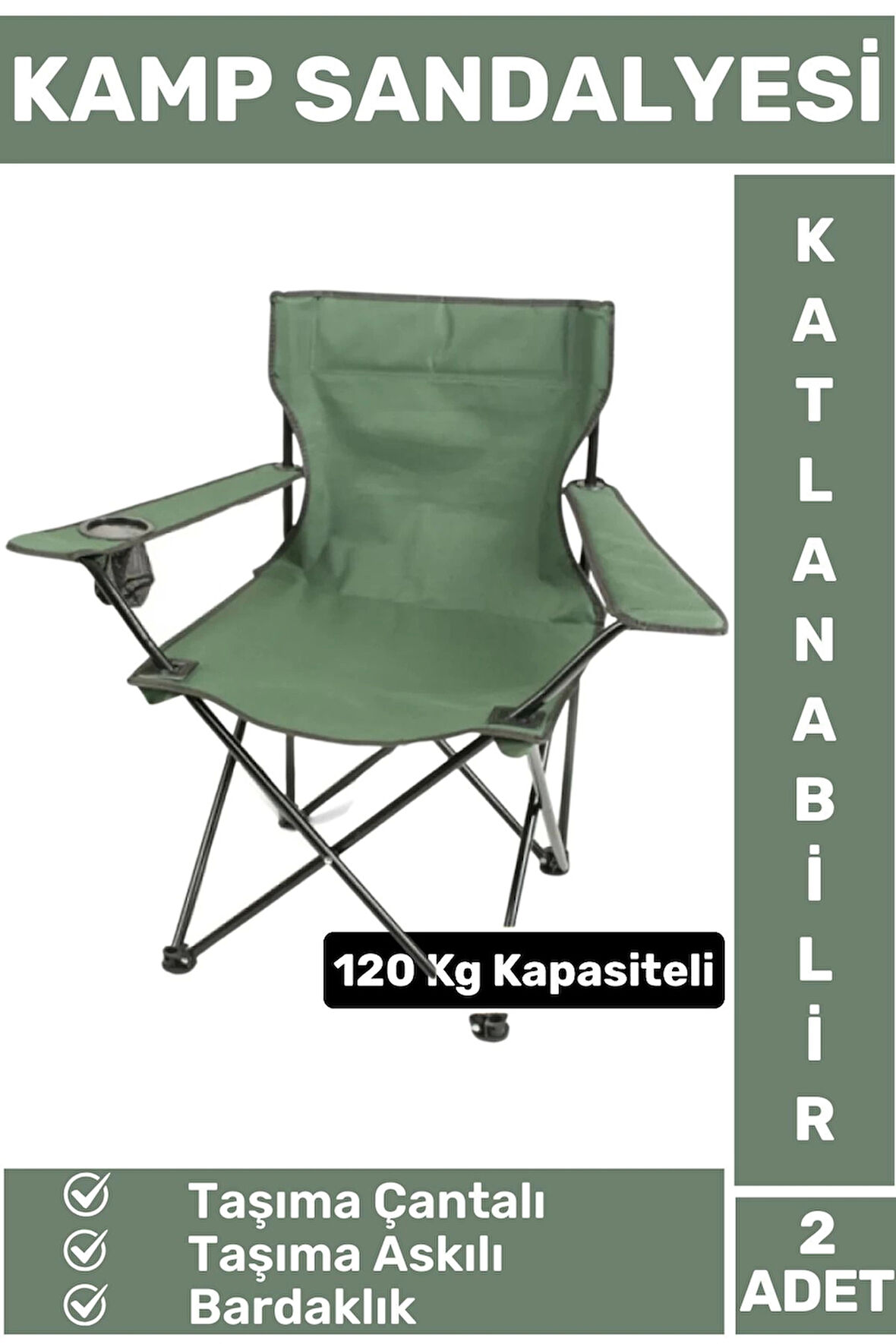 Premium 120 Kg Dayanıklı Çantalı Taşıma Askılı Bardaklık Balık Piknik Sahil Kamp Sandalyesi 2 Adet
