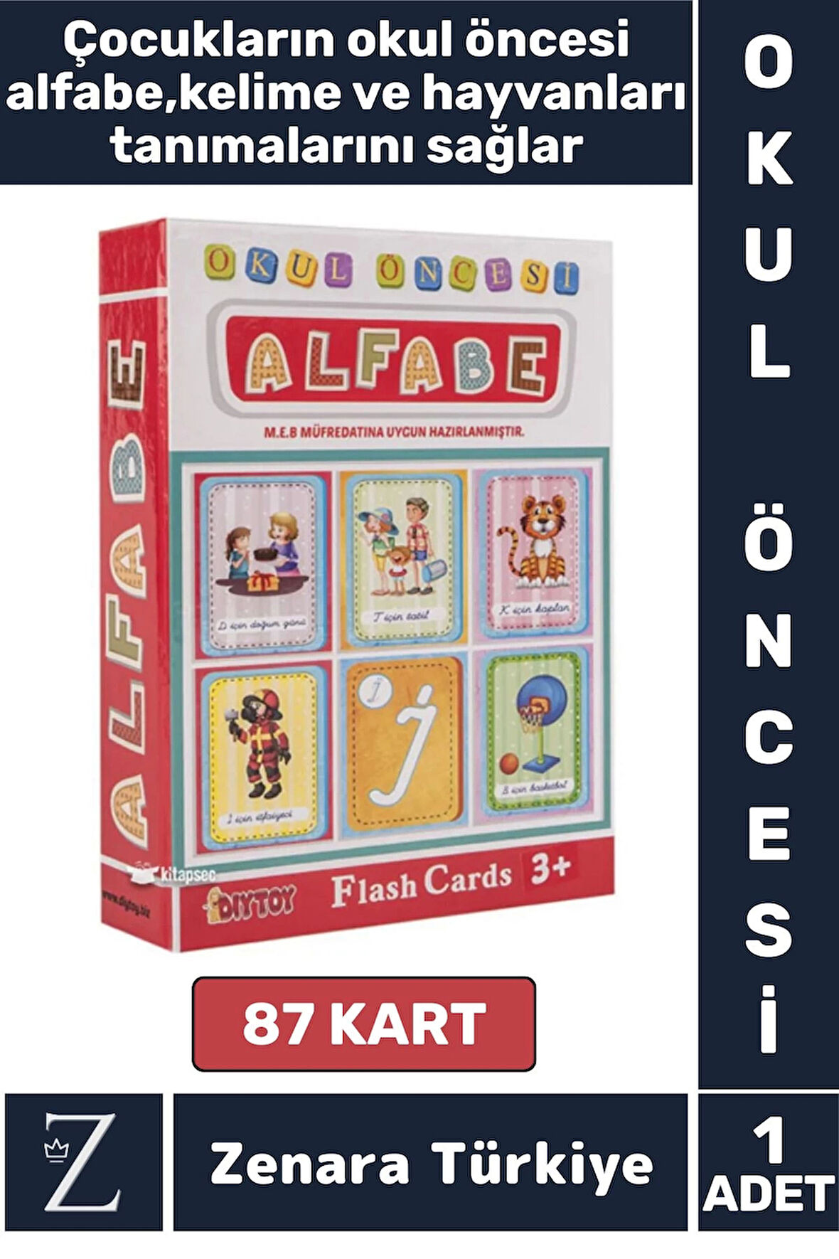 Okul Öncesi Eğitici Görsel Algı Alfabe Kelime Nesne Hayvan Tanıtıcı MEB Uyumlu 87 Kart ALFABE