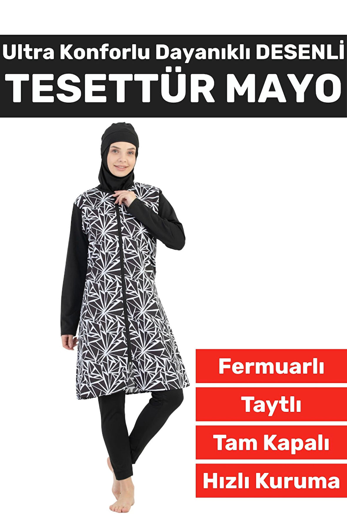 Premium Yüksek Kalite Konforlu Fermuarlı Tam Kapalı Yüzücü Deniz Havuz Desenli Taytlı TESETTÜR MAYO