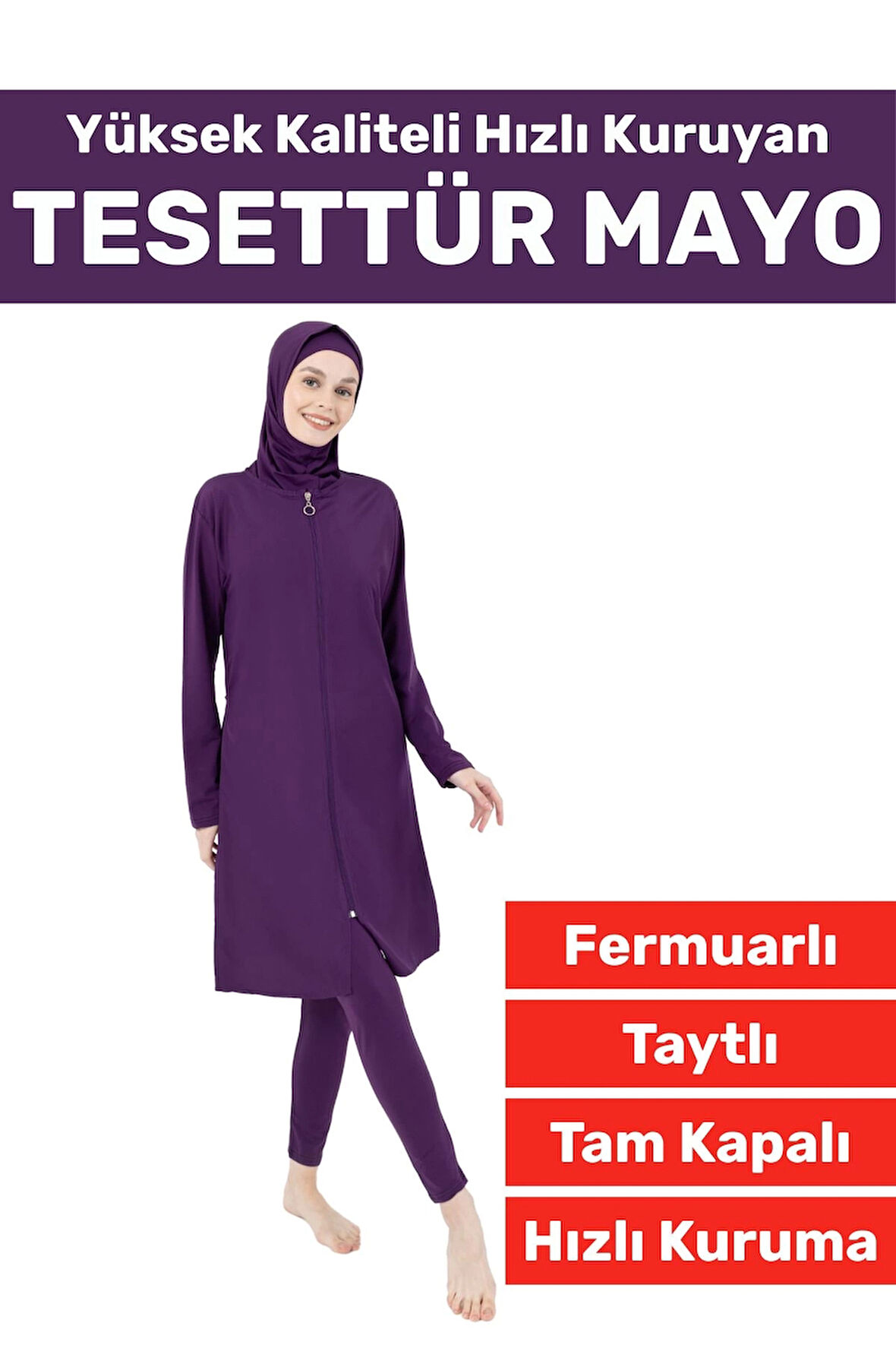 Özel Üretim Yüksek Kaliteli Konforlu Fermuarlı Taytlı Tam Kapalı Yüzücü Deniz Havuz TESETTÜR MAYO