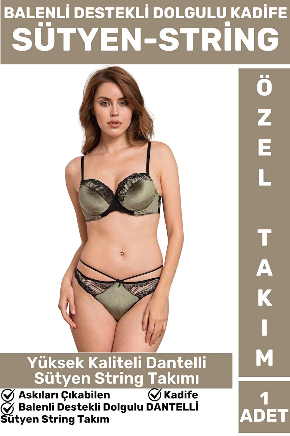 Özel Kreasyon Şık KADİFE BALENLİ DESTEKLİ DOLGULU ASKILARI ÇIKABİLEN DANTELLİ SÜTYEN STRİNG TAKIMI
