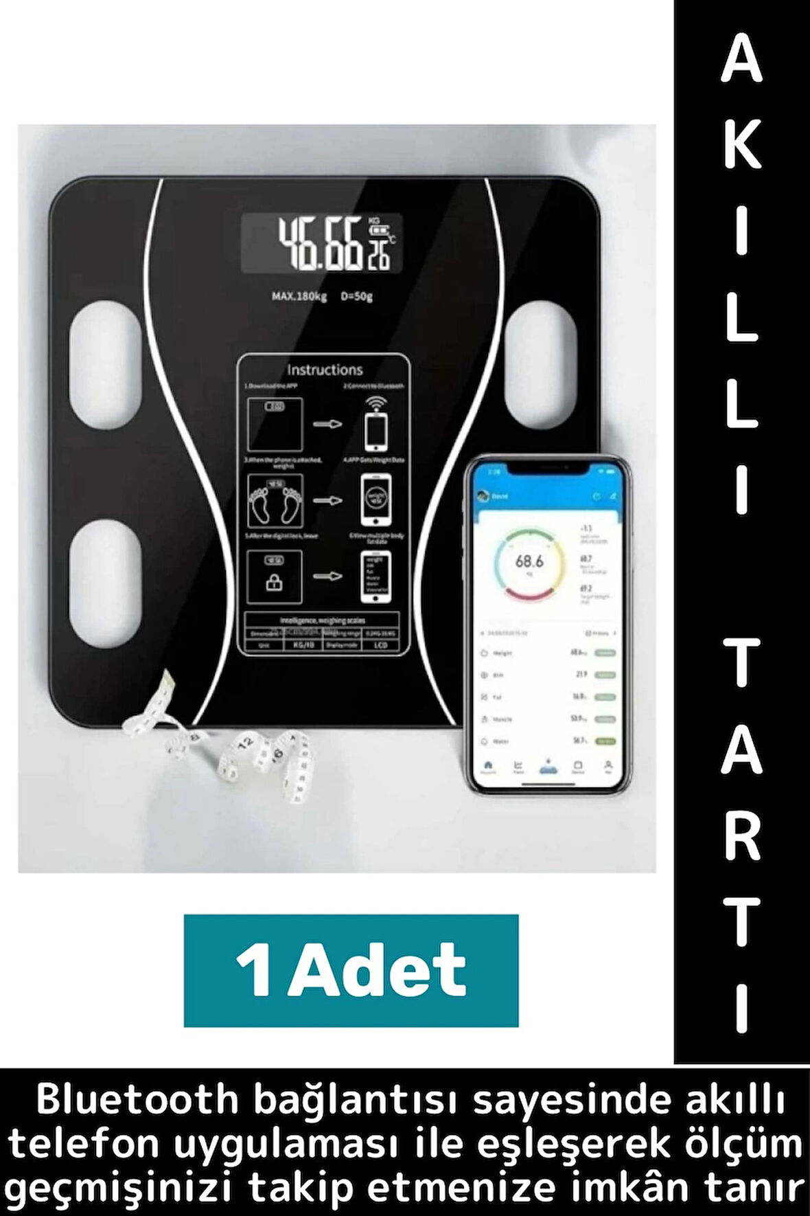 Premium Yağ Kas Su Kemik Ölçümü 180 Kg Kapasite Bluetooth Kontrollü Dijital LCD Ekran Akıllı Tartı