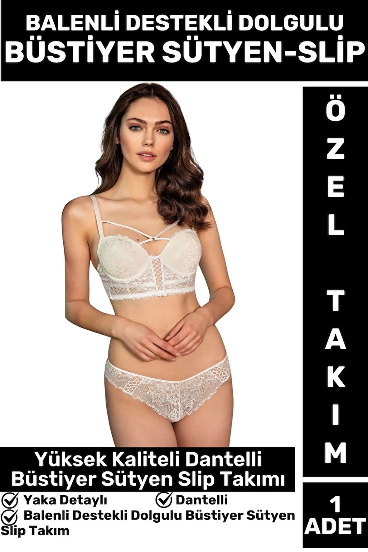 Çok Şık Rahat Kumaş YAKA DETAYLI BALENLİ DESTEKLİ DOLGULU DANTELLİ BÜSTİYER SÜTYEN SLİP TAKIMI