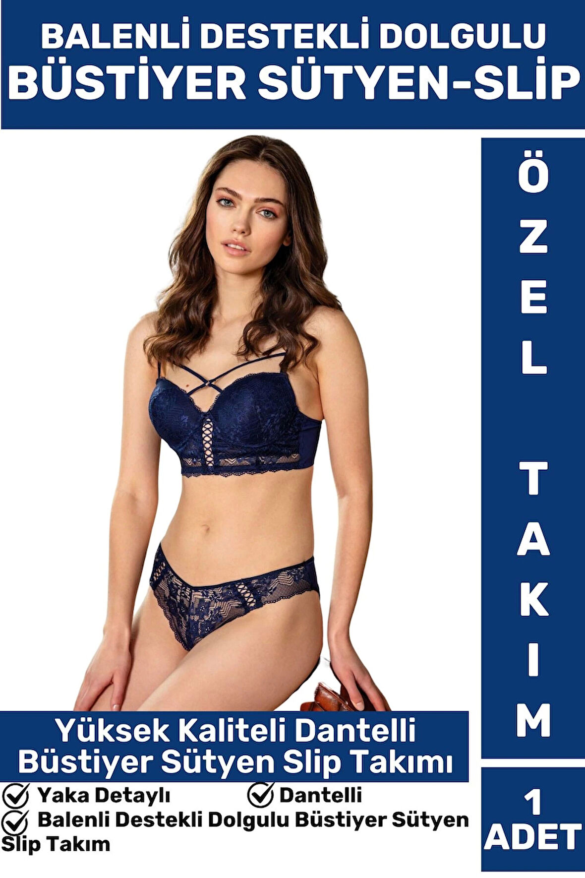 Çok Şık Rahat Kumaş YAKA DETAYLI BALENLİ DESTEKLİ DOLGULU DANTELLİ BÜSTİYER SÜTYEN SLİP TAKIMI