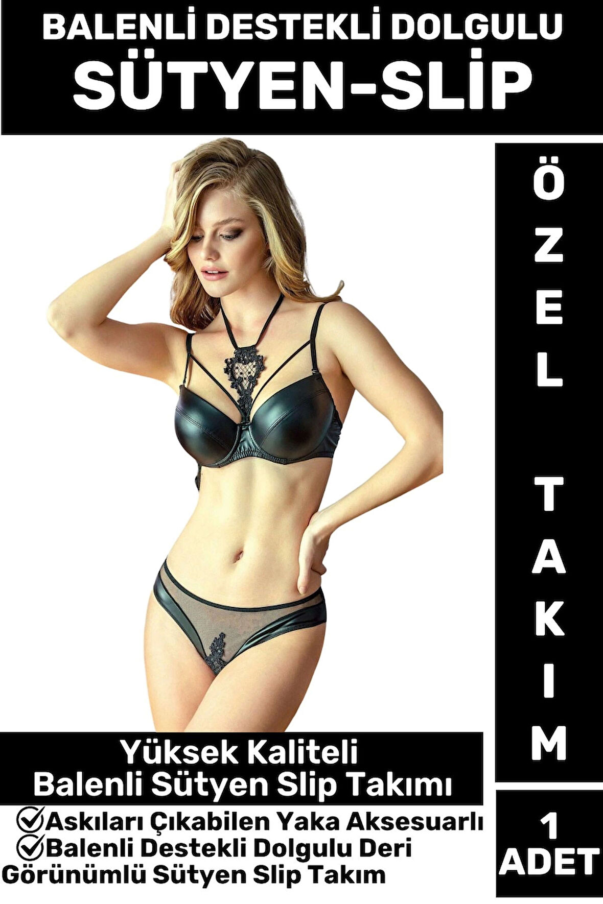 Çok Şık BALENLİ ASKILARI ÇIKABİLEN YAKA DETAYLI DESTEKLİ DOLGULU DERİ GÖRÜNÜMLÜ SÜTYEN SLİP TAKIM