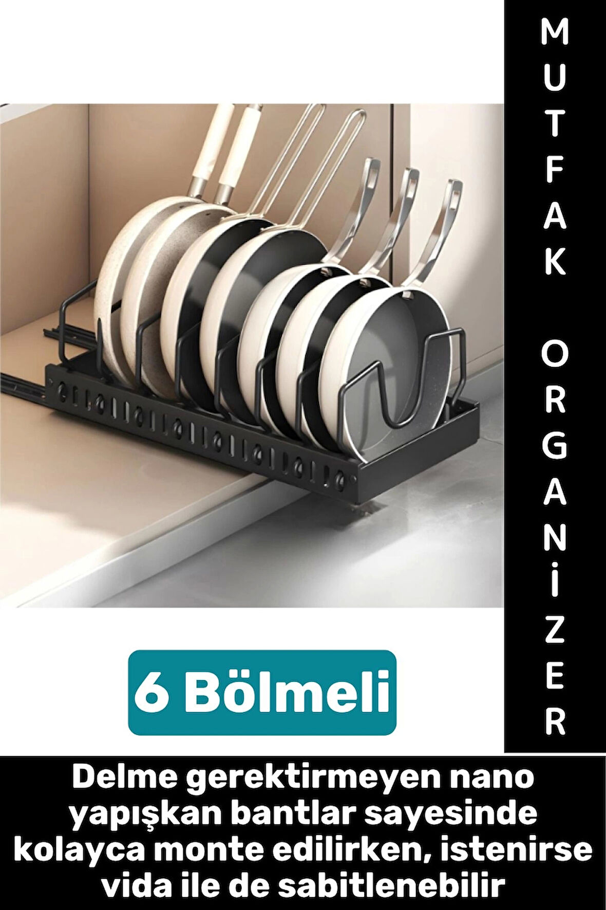 Mutfak Dolap İçi Tezgah Dağınıklık Önleyen Montajsız Teleskopik Raylı Tava Tencere Organizeri