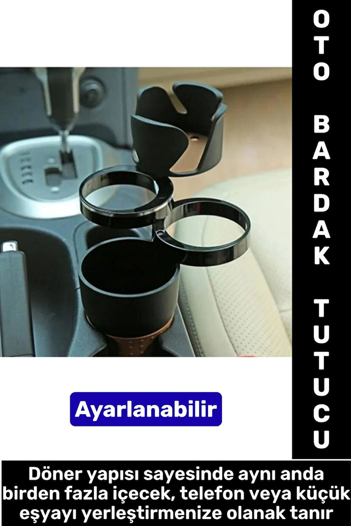 Oto Bardaklık Kullanım Kablo Geçişli Küçük Eşya Bardak Ayarlanabilir Araç İçi Çoklu Bardak Tutacağı