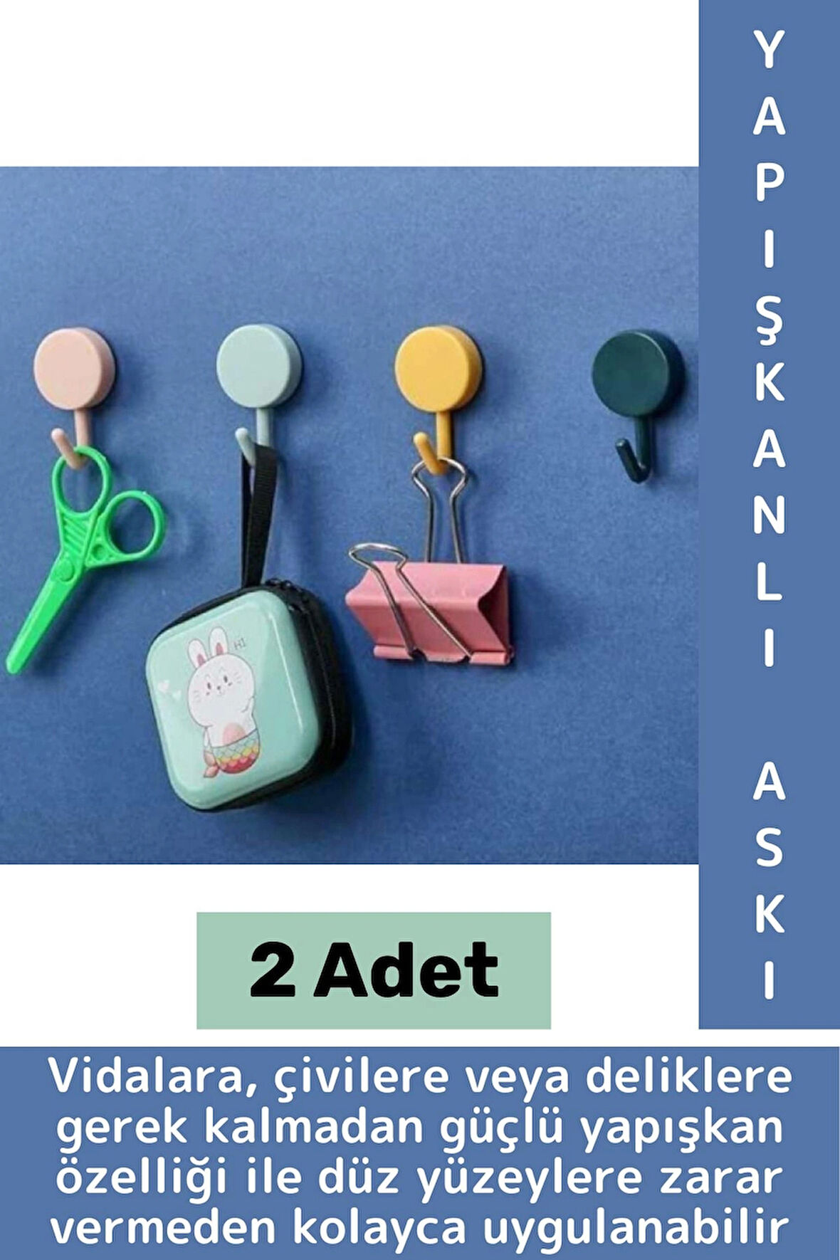 İz Bırakmaz Montaj Gerektirmez Mutfak Banyo Ev Ofis Kendinden Yapışkanlı Renkli Duvar Askısı 2 Adet