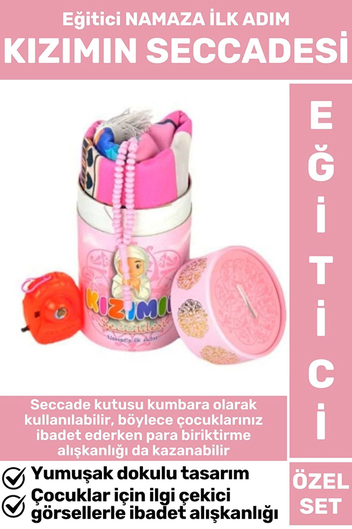 Çocuk İbadet Eğitici 3 Parça Seccade Tesbih Kumbara Tasarım Namaza İlk Adım KIZIMIN SECCADESİ