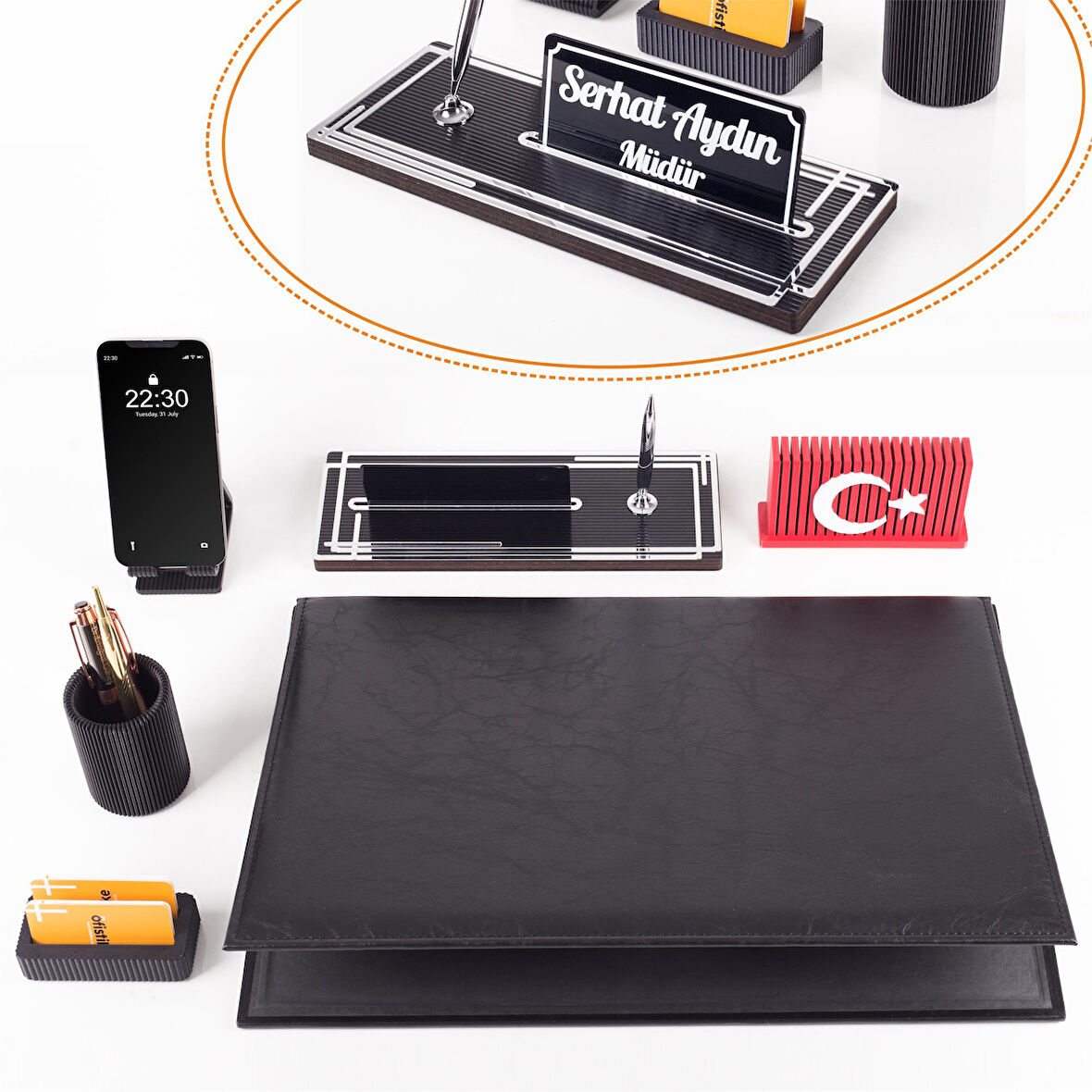 Redora Türk Bayraklı Biblolu Gümüş Renk Deri Ofis Sümen Seti İsme Özel Masa İsimliği Masaüstü Seti