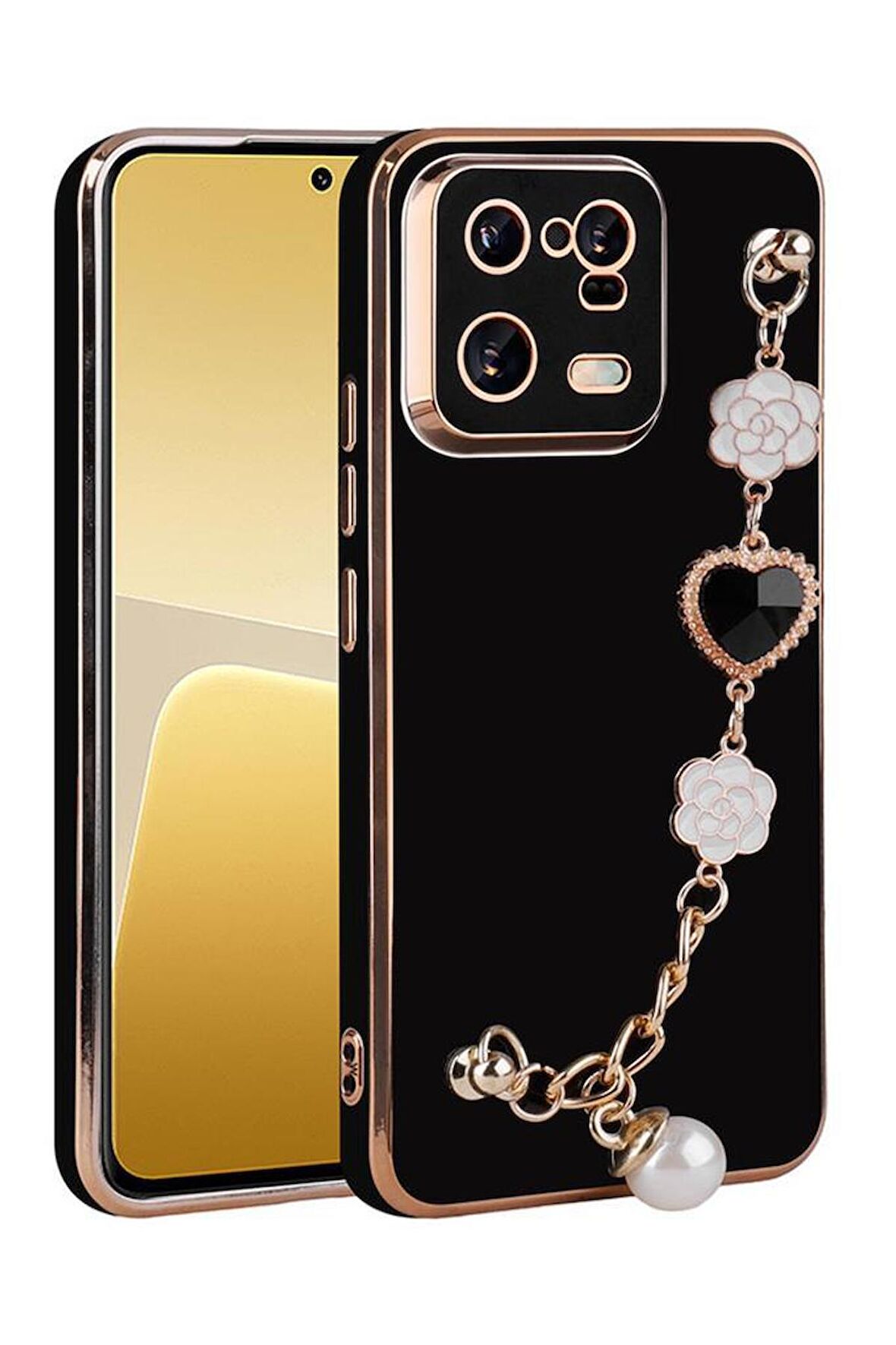 Xiaomi Mi 13 Pro Kılıf Kalpli Çiçekli Bileklik Zincirli Kamera Korumalı Kenarları Gold Renk, Silikon